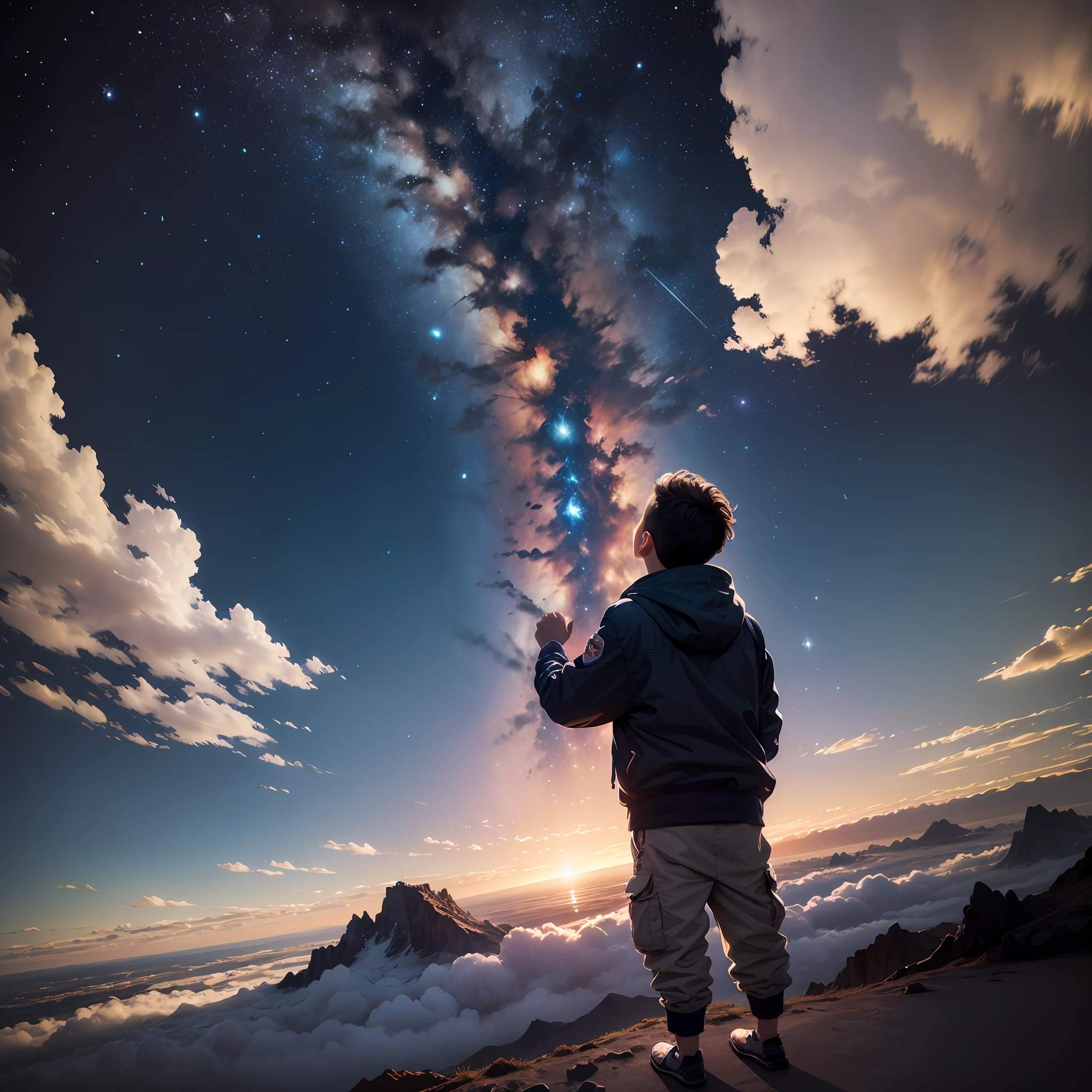best qualtiy,超高分辨率,Photos of the expanse of starry sky(look from down,Above is the cosmic sea of stars,Below are the high-rise clouds),A boy with his feet in the clouds looking up at the stars, --auto