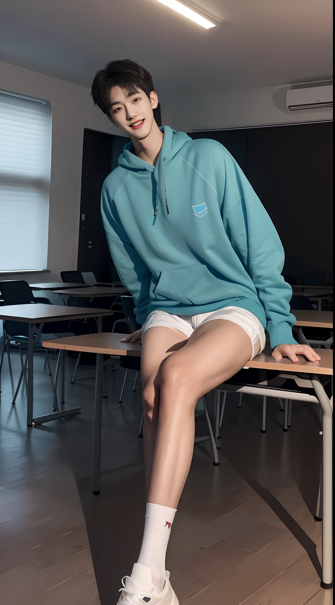 (A lovely Shota:2),full bodyesbian,Heads-up view,malefocus,Looking_at_peeping at the viewer,16 yaers old,Awl face,Tall,(Tall guy:2),Super tall,(300cm height:2),Excellent body proportions,(slender leg:2),Twice the length of the legs,small heads,(Lovely and pretty:2),(The face of an anime man),(Very detailed beautiful face and eyes:2),(Big bright eyes:1.2),Sharp eyeliner,Clear and beautiful face,with short black hair,(Correct facial features),(low head:1.5),(having fun,grinning smile),(Cyan sweatshirt for men:2),men's hugedick shorts,Muscle firming,(Wide shoulders and narrow waist:2),Sports men's socks,soccer cleats,Detailed muscle texture,Highlights muscle structure,at class room,(sittinng on the desk:4),(full length shoot),Stay away from the lens,Show full body surrealism, (Photorealistic detail), Incredible accuracy, lifelike textures, masterful technique, Jaw-dropping precision, artistic dedication,(anatomy correct),a slight light,exquisite detailing,Best quality,stunning masterpiece,CG