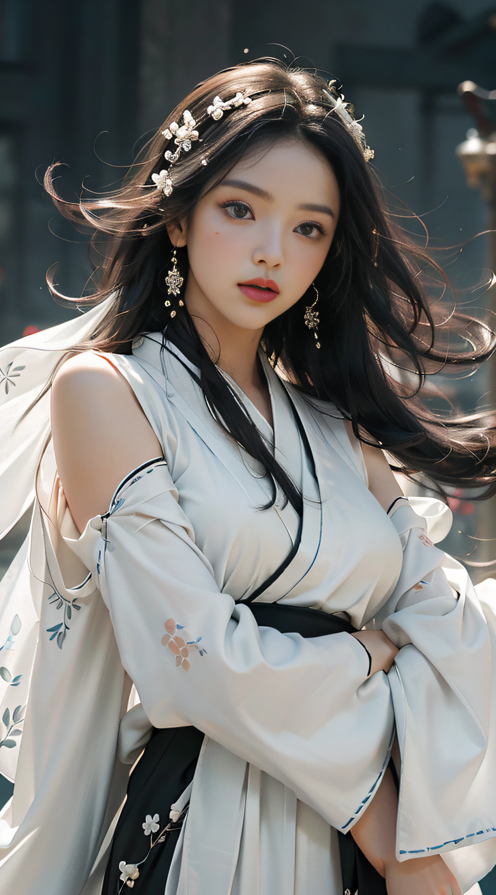 Super high quality, masterpiece, perfect illustration, extreme detail (exquisite light and shadow, highly dramatic picture,) Stroke, 1 girl, solo, ((wearing black and white two-tone Hanfu,)) Flower field 1.4, flowers, (white smoke: 1.3) (realistic:1.4), zen entanglement, tangled, official art, Unity 8k wallpaper, super detailed, beautiful and beautiful, masterpiece, best quality, (dynamic angle: 1.4), glowing skin, (floating colorful flashes: 1) the most beautiful form of chaos, elegant, Fauvist design, bright colors, romantic depth of field, exotic_dance, half_naked