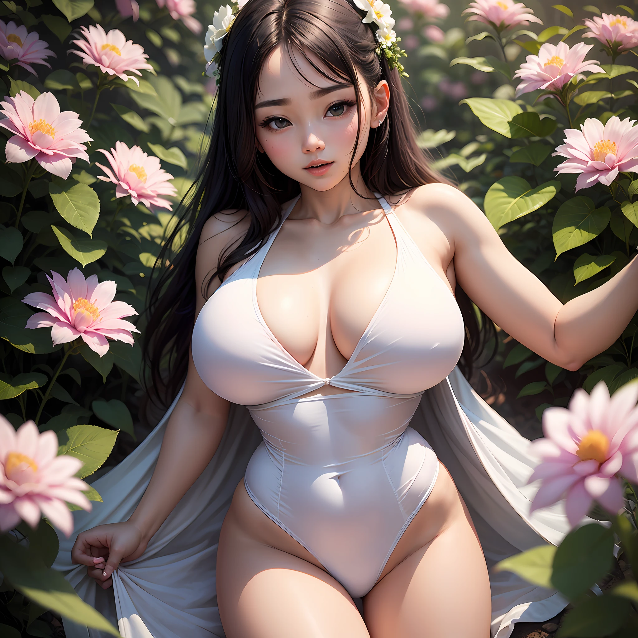 Beauty in sexy white swimsuit、Breasts are big、a baby face、Surrounded by flowers --auto