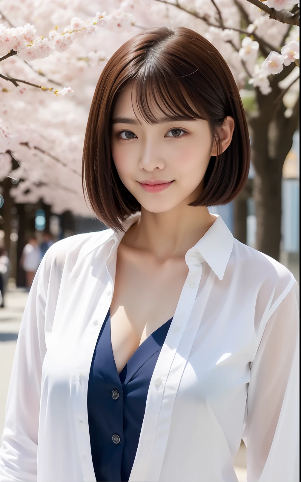 ((top-quality、8K、​masterpiece))、Extraordinary Beauty、cherry trees、Spring scenery、Short-cut hairstyles、Women in Japan、Spring schoolgirl uniform、foco nítido、Beautiful woman with perfect body shape、Slim abs、((Wide-open shirt at the chest))street、wetbody、Highly detailed facial and skin texture、A detailed eye、二重まぶた、Beautiful breasts、A slight smil