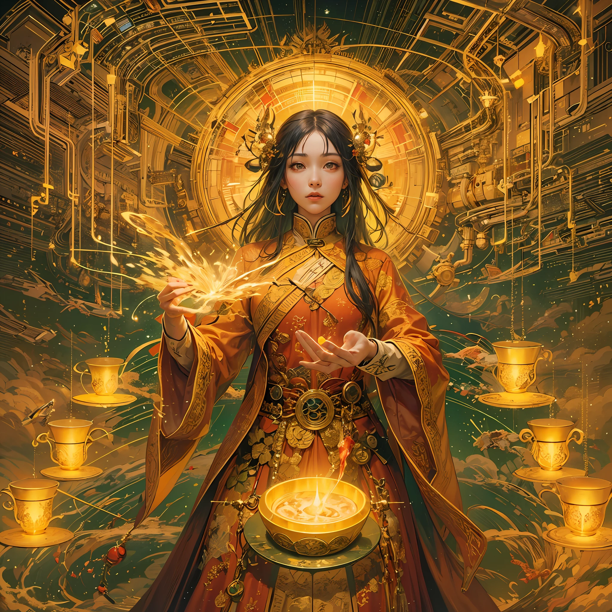 Golden Taoist priest lights up the pixels, A floating-point number in a matrix. She holds the alchemy crucible in her left hand, Energy flows through her circuits. The galactic stream swirled behind her.