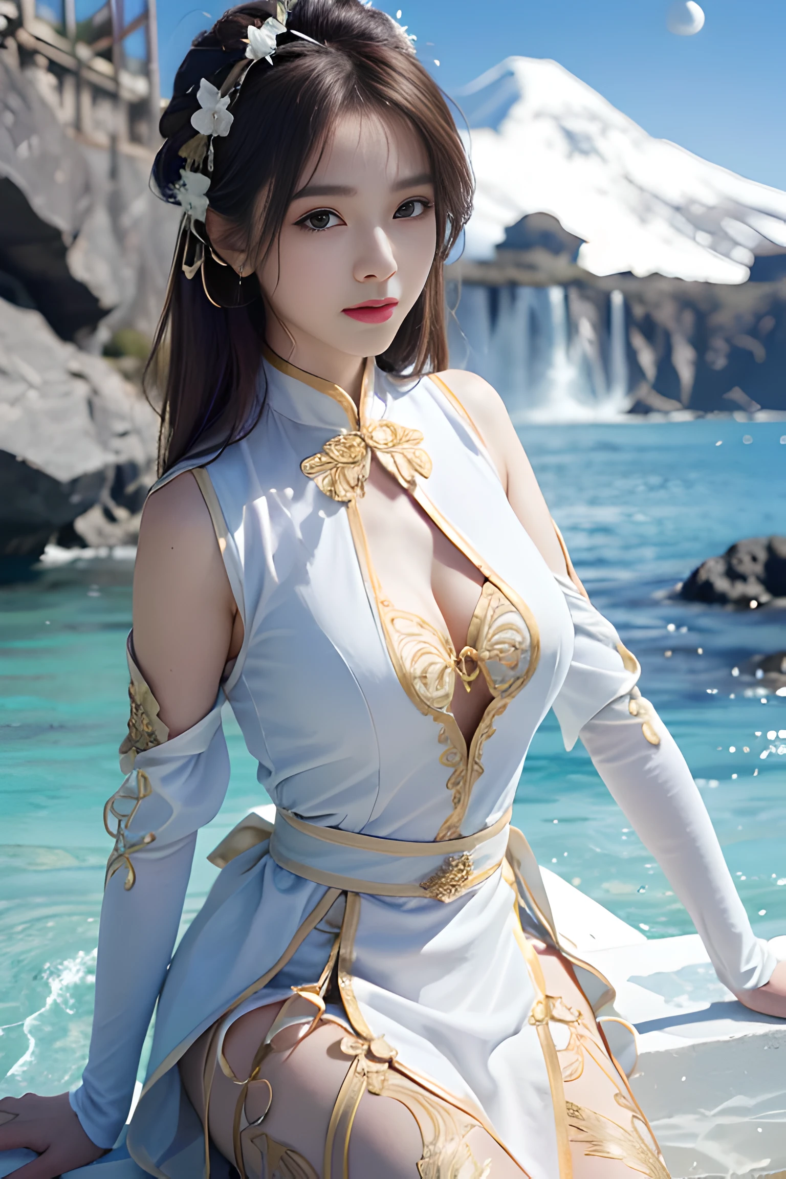 tmasterpiece， Best picture quality， high high quality， Beautiful woman， jpn， Popular Korean makeup， A detailed， Swollen eyes， Detailed eyes， Detailed skin， Beautiful skin， 超A high resolution， （Realistis： 1.4）， Very beautiful， Slightly younger face， Beautiful skin， Slim， （Ultra photo realsisim）， （illustratio）， （A high resolution）， （8K）， （The is very detailed） （Most Best Illustration）， （Beautiful detailed eyes）， （ultra-detailliert）， （the wallpaper）， （Detailed face）， looking at viewert， finely detailled， Detailed face，pureerosfaceace_V1，Smiled，Staring straight ahead，Staring straight ahead，From the angle of waist up，photograph of-realistic，Bright lights，profesional lighting，Brunette hair（some of hair part green），long whitr hair，Dark ruins，Big Red Moon，Mature woman，Long fashion bangs，