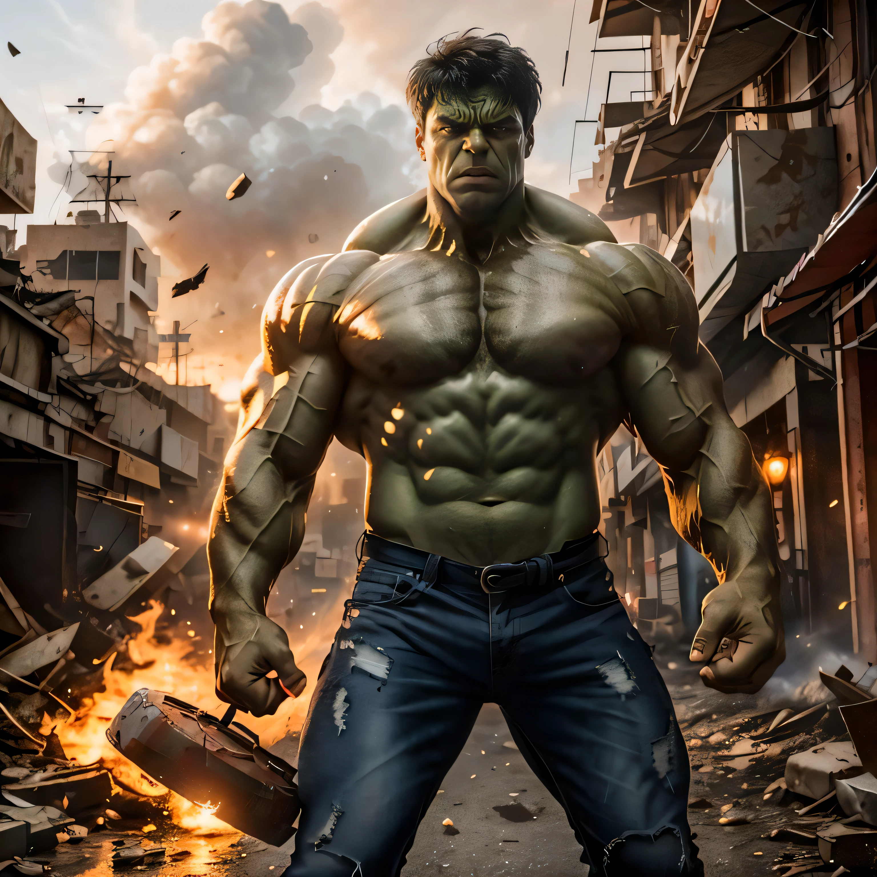 hulk, superhero, upper body shot, muscles bulging, streets, day, debris flying in the background, dramatic lighting, intricate details, masterpiece, absurdres, best quality, realistic, Highest Quality, (diffused soft light), dramatic lighting, highly detailed photo