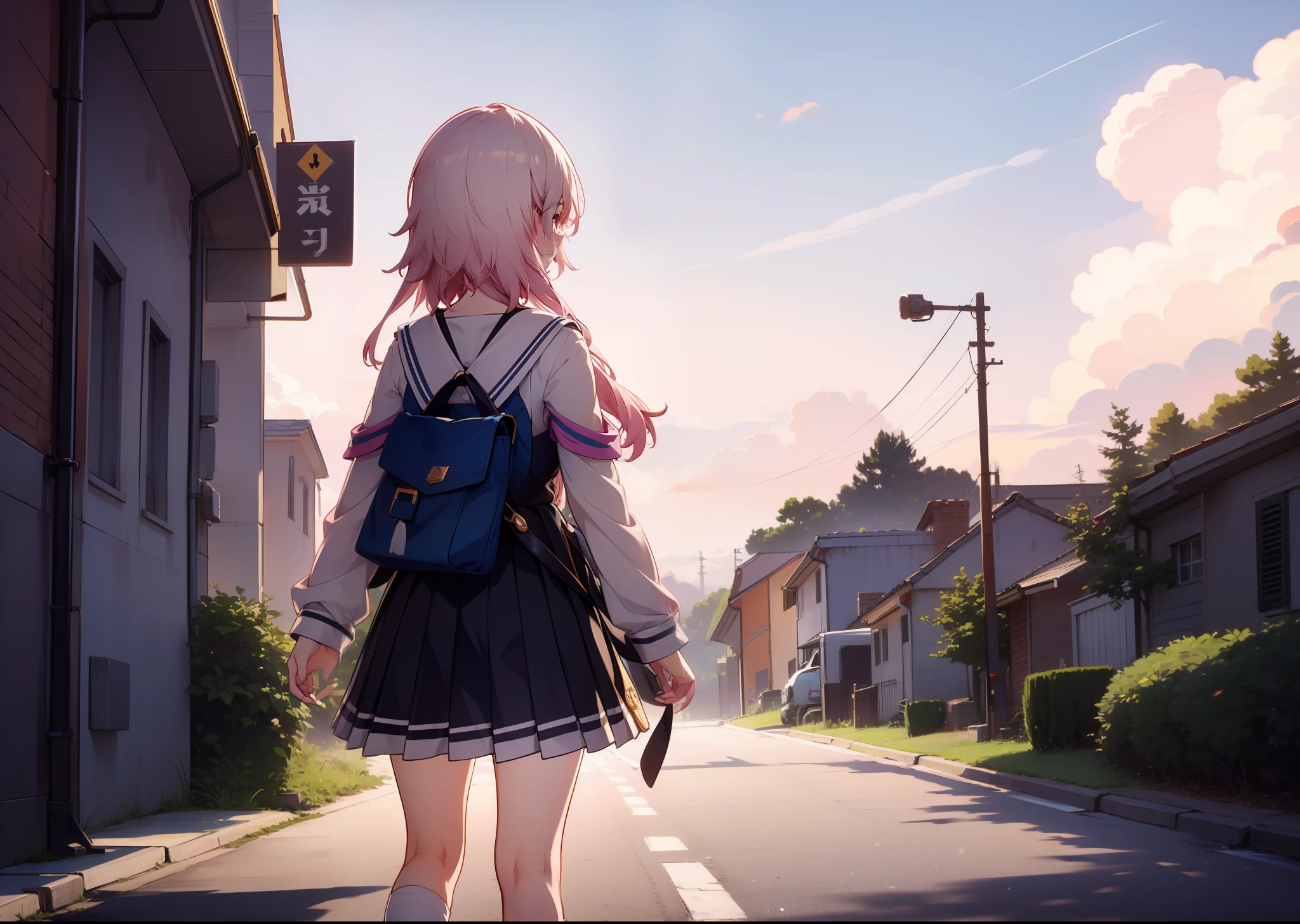 Cute girl in anime style wearing JK costume on the way from school,In the distance, there are colorful clouds behind you