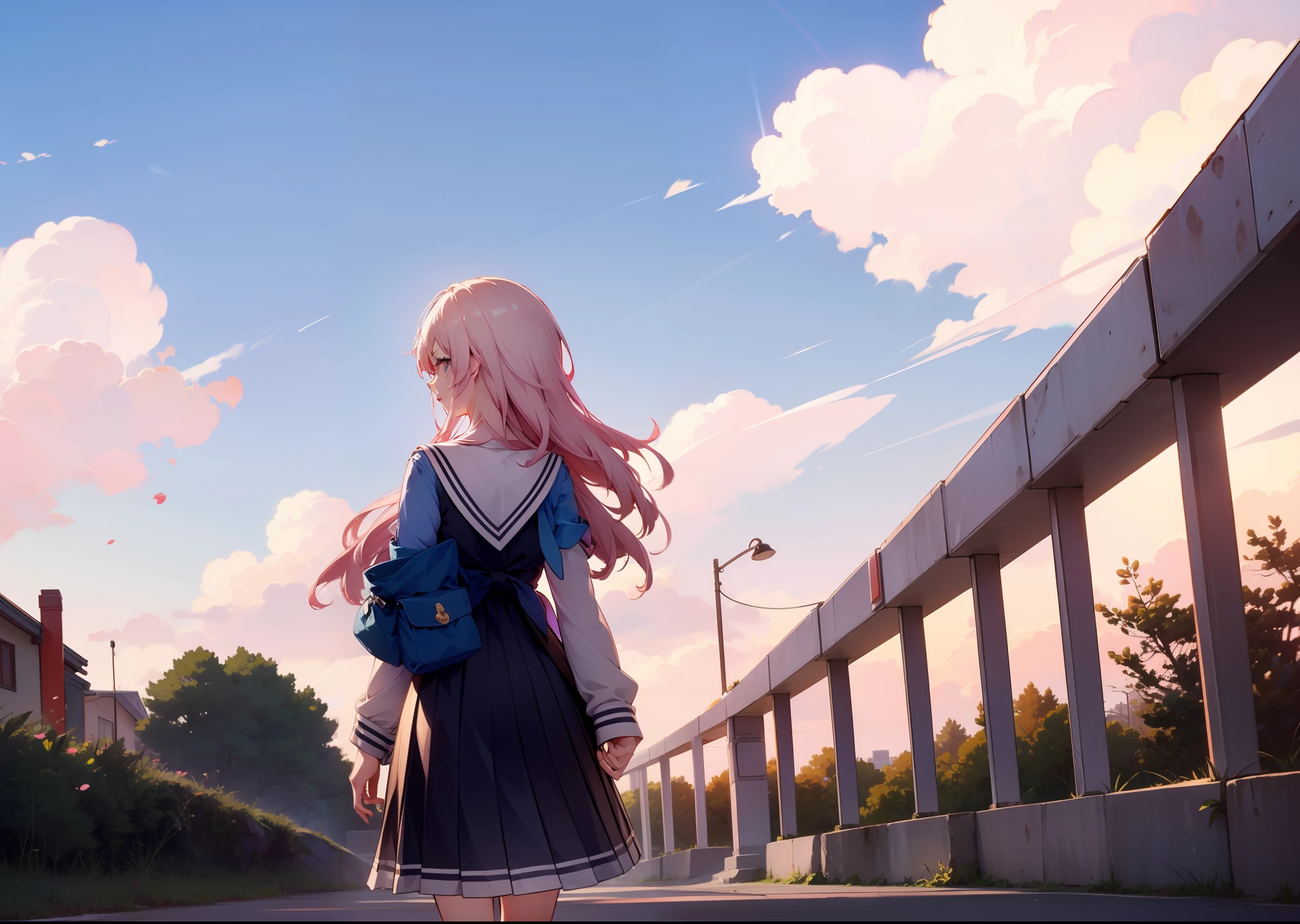 Cute girl in anime style wearing JK costume on the way from school，In the distance, there are colorful clouds behind you