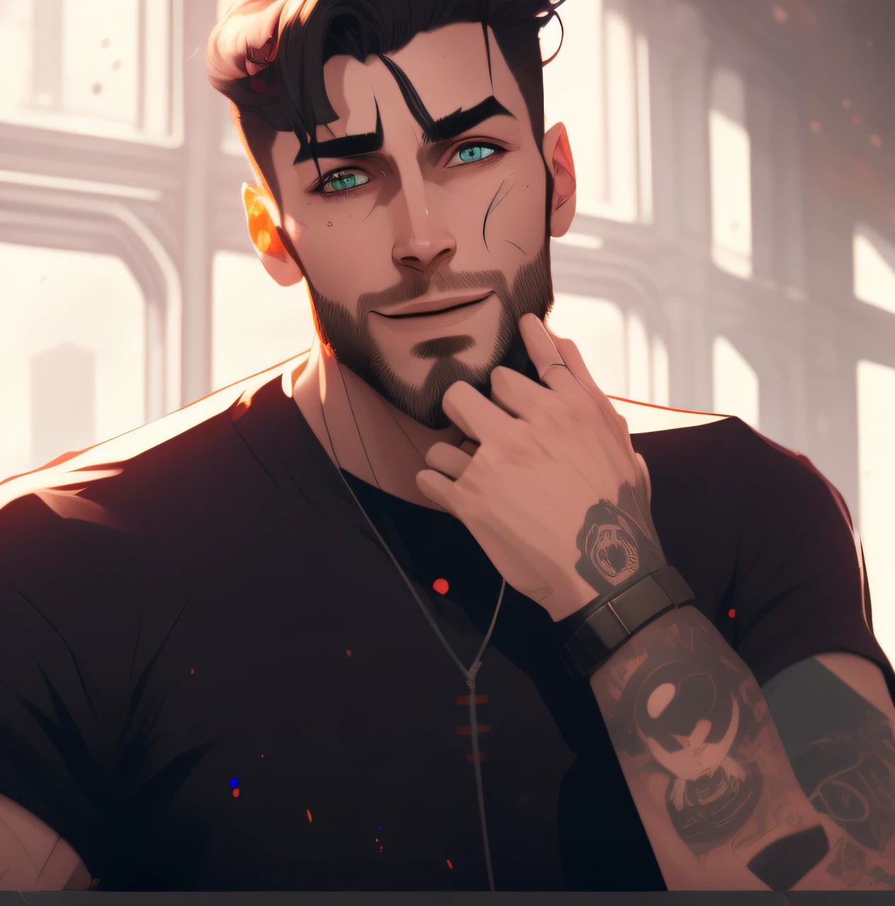 dreamlikeart, blackwork, a grungy man bald, travelling between dimensions, dynamic pose, happy, soft eyes and narrow chin, extreme bokeh, dainty figure, long hair straight down, torn kawaii shirt and baggy jeans, In style of by Jordan Grimmer and greg rutkowski, crisp lines and color, complex background, particles, lines, wind, concept art, sharp focus, vivid colors