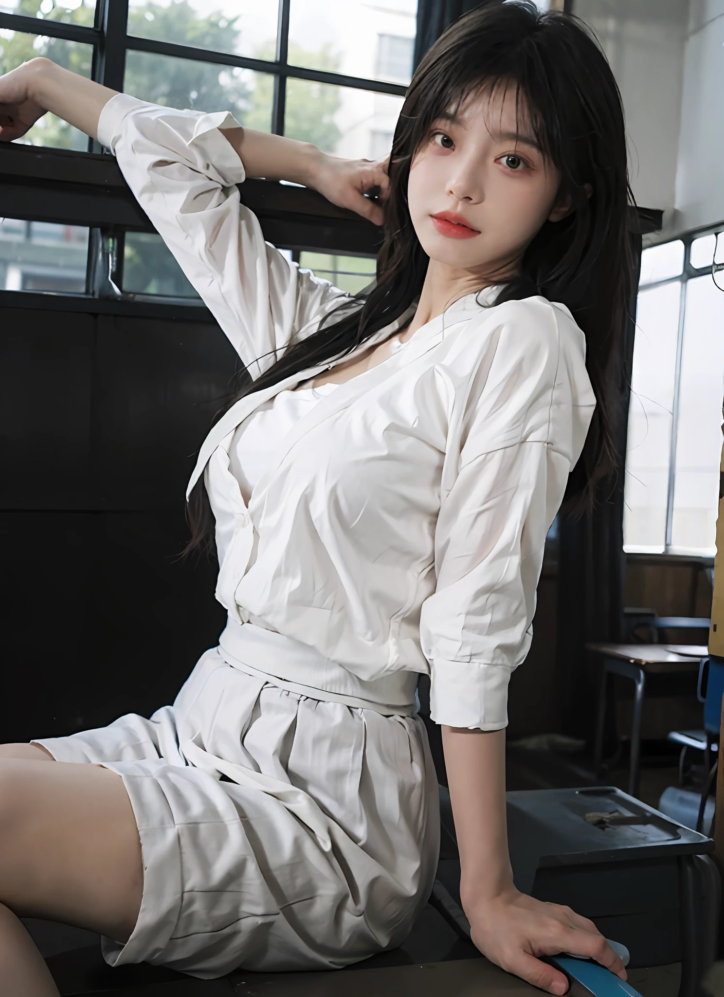 best qualtiy,tmasterpiece,超高分辨率,(realisticlying:1.4),1girll,Raised sexy,A pair of beautiful and moving eyes look at the audience,Sunshine classroom,(Suits and bow ties in random colors:1.2),(Bigchest:1.4),(The upper part of the body:1.4)