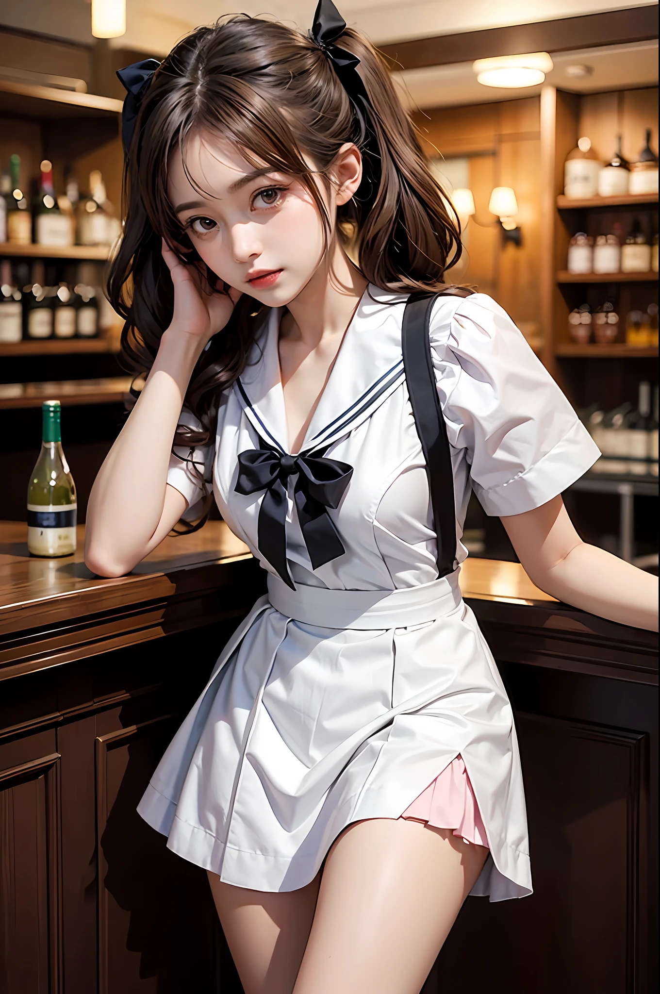 Bar,1girll,twintails,brown hair,Qi bangs,curlies,maid,Flying,White sailor suit and short skirt,pink bows,-yeld fee model,Side,