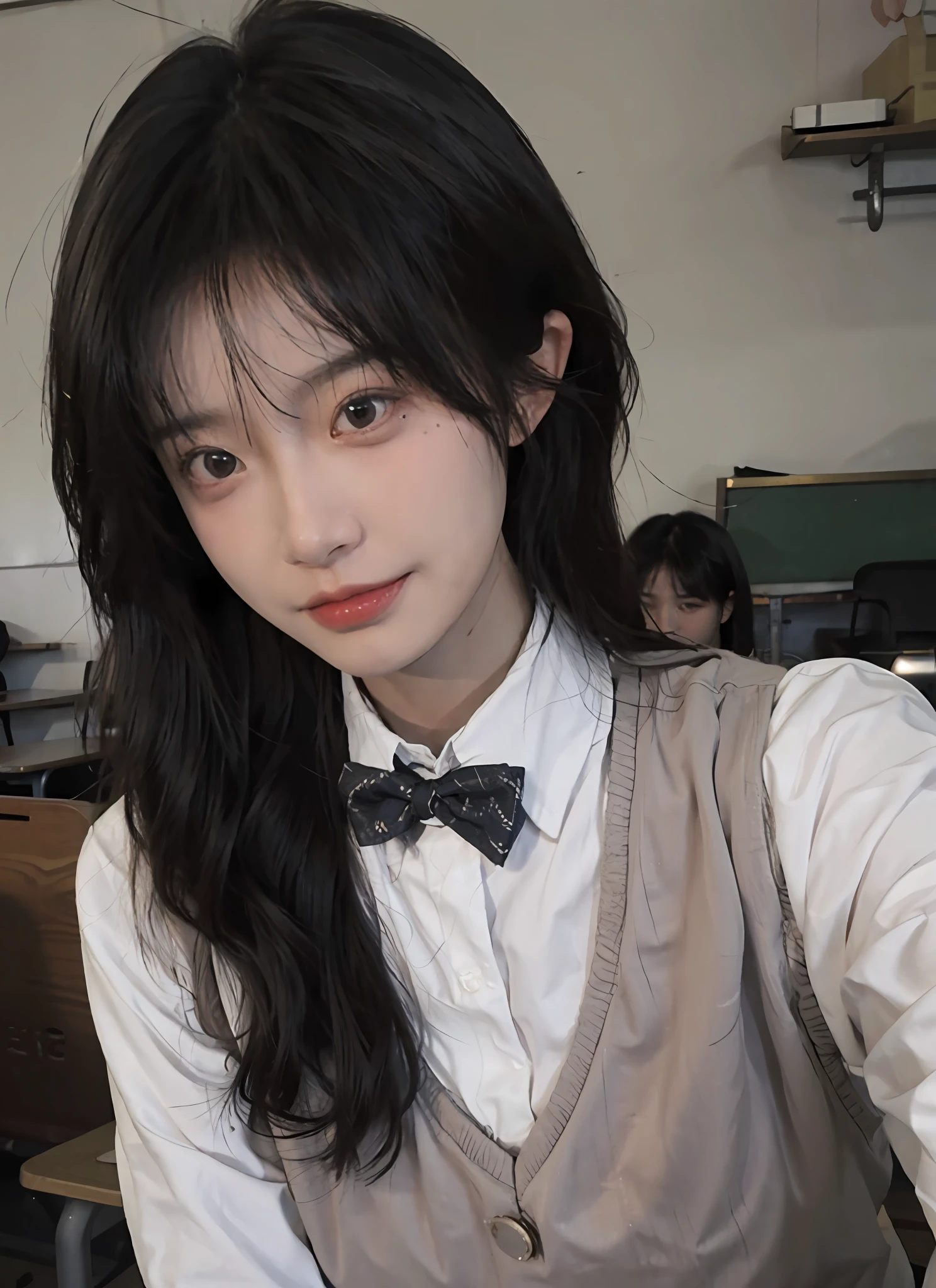 best qualtiy,tmasterpiece,超高分辨率,(realisticlying:1.4),1girll,Raised sexy,A pair of beautiful and moving eyes look at the audience,Sunshine classroom,(Suits and bow ties in random colors:1.2),(Bigchest:1.4),(The upper part of the body:1.4)