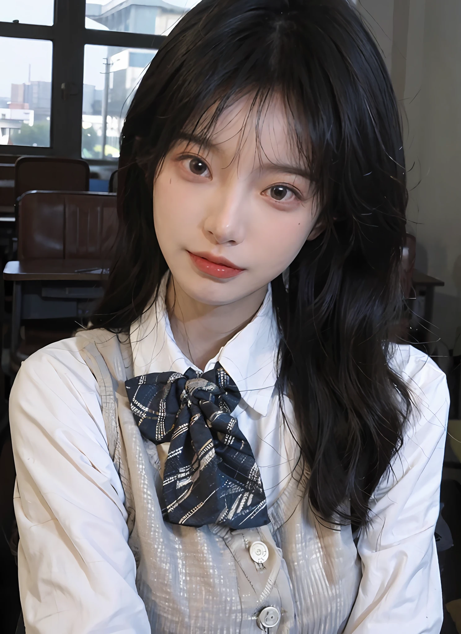 best qualtiy，tmasterpiece，超高分辨率，（realisticlying：1.4），1girll，Raised sexy，A pair of beautiful and moving eyes look at the audience，Sunshine classroom，（Suits and bow ties in random colors：1.2），（Bigchest：1.4），（The upper part of the body：1.4）