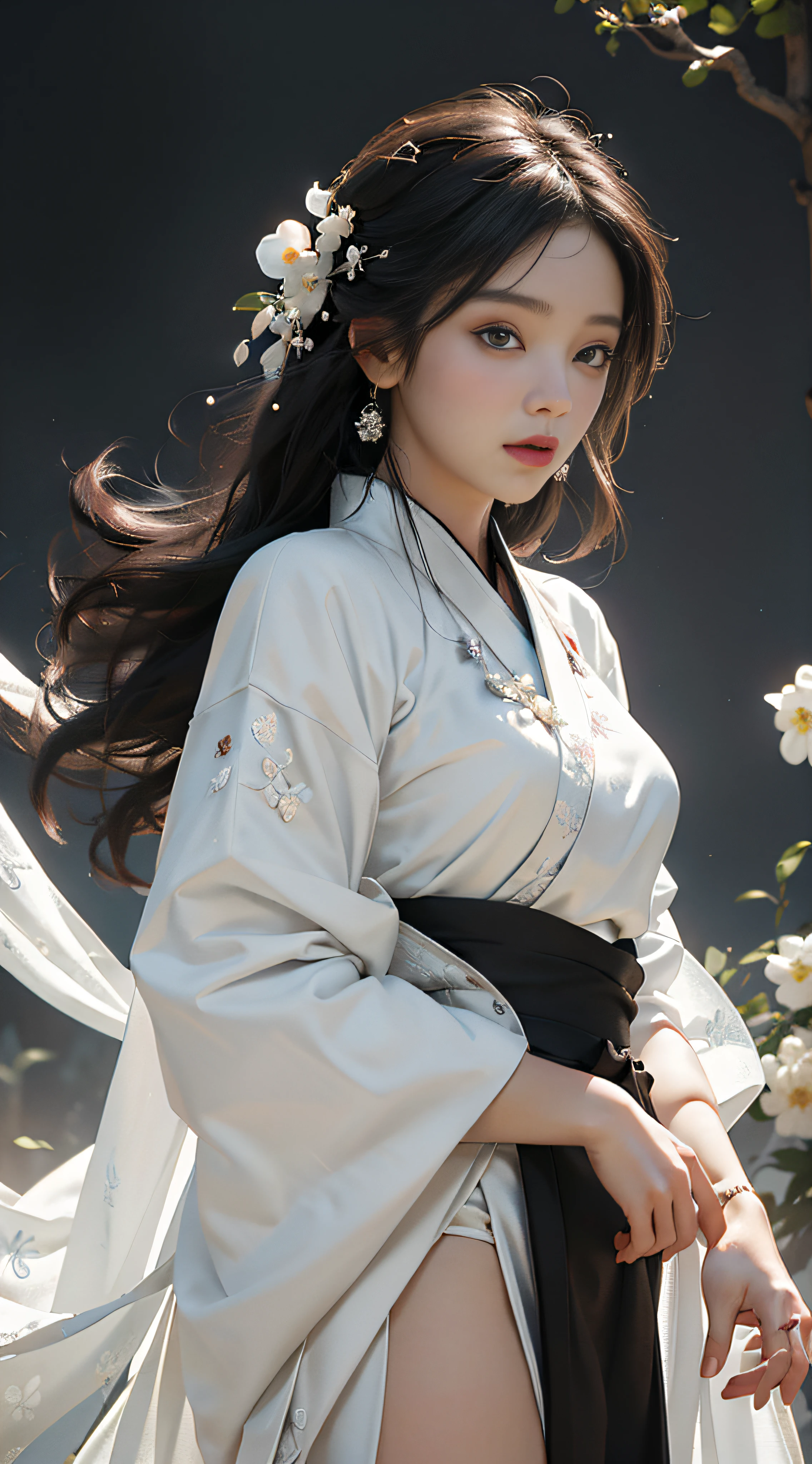 Super high quality, masterpiece, perfect illustration, extreme detail (exquisite light and shadow, highly dramatic picture,) Stroke, 1 girl, solo, ((wearing black and white two-tone Hanfu,)) Flower field 1.4, flowers, (white smoke: 1.3) (realistic:1.4), zen entanglement, tangled, official art, Unity 8k wallpaper, super detailed, beautiful and beautiful, masterpiece, best quality, (dynamic angle: 1.4), glowing skin, (floating colorful flashes: 1) the most beautiful form of chaos, elegant, Fauvist design, bright colors, romantic depth of field, exotic_dance, half_naked