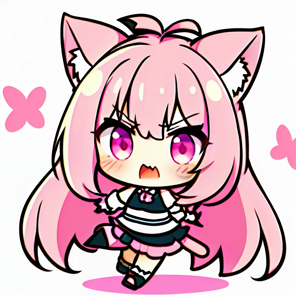 1girl in,Cat's ears,(Chibi:1.2),get angry,Pink hair,full body Esbian