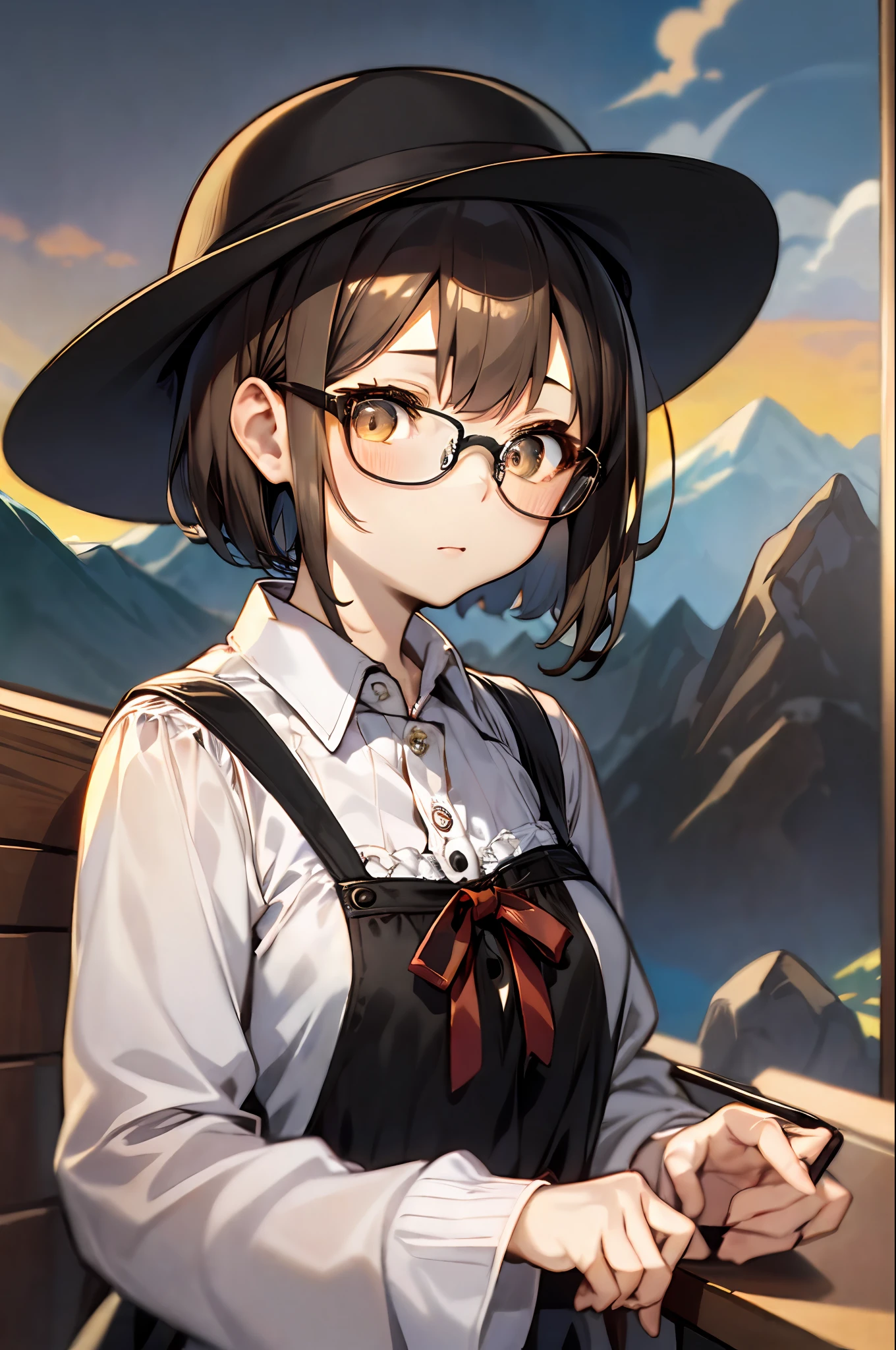 (1 16-year-old girl、A dark-haired、short-hair、straight haired、bow ribbon、Light brown eyes、Black glasses、small tits、cute  face)、in mountains、Tsunagi、a straw fedora hat、​masterpiece、top-quality