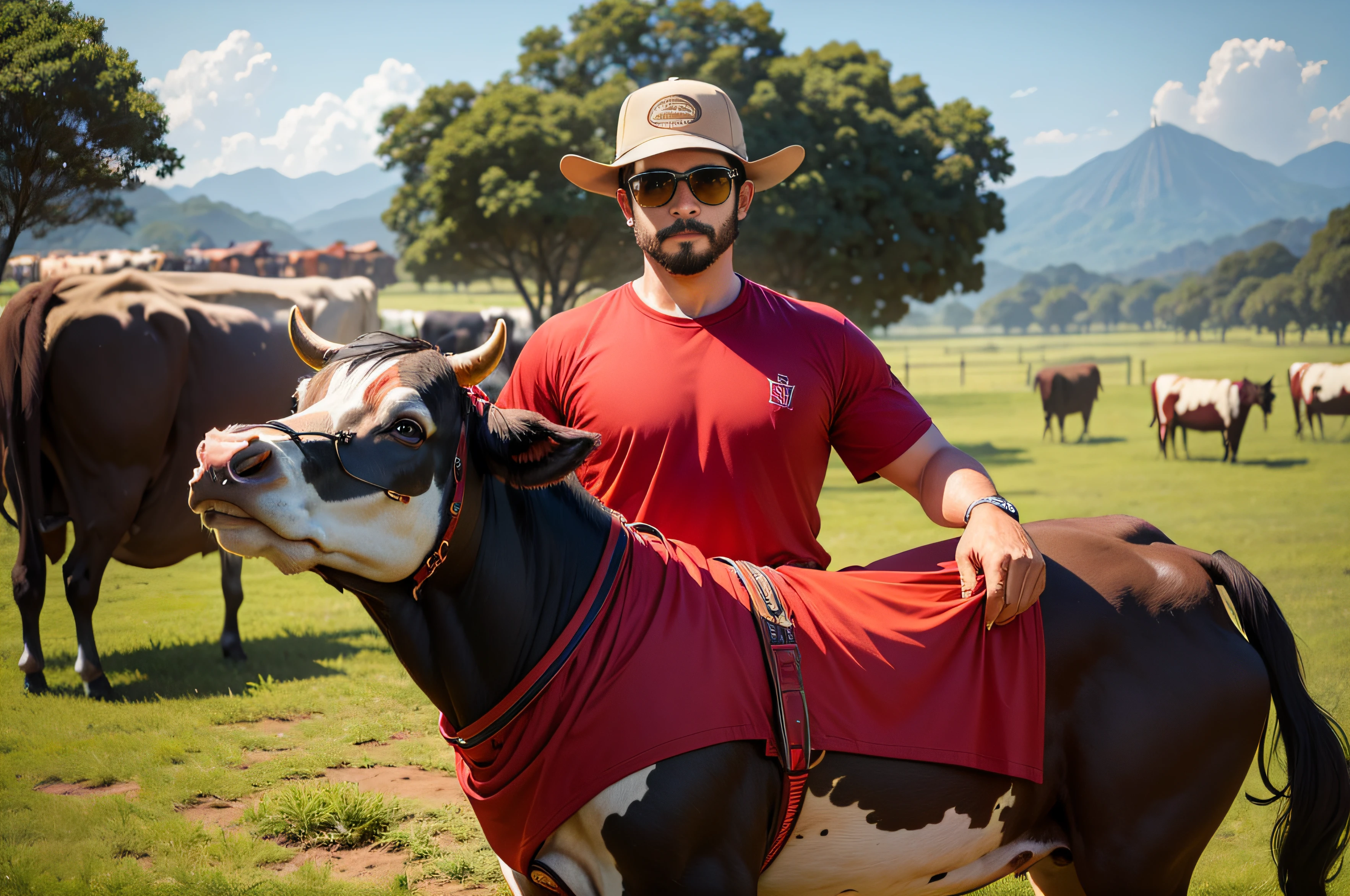 Man in red shirt and sunglasses mounted on top of a cow, numa paisagem com um rio