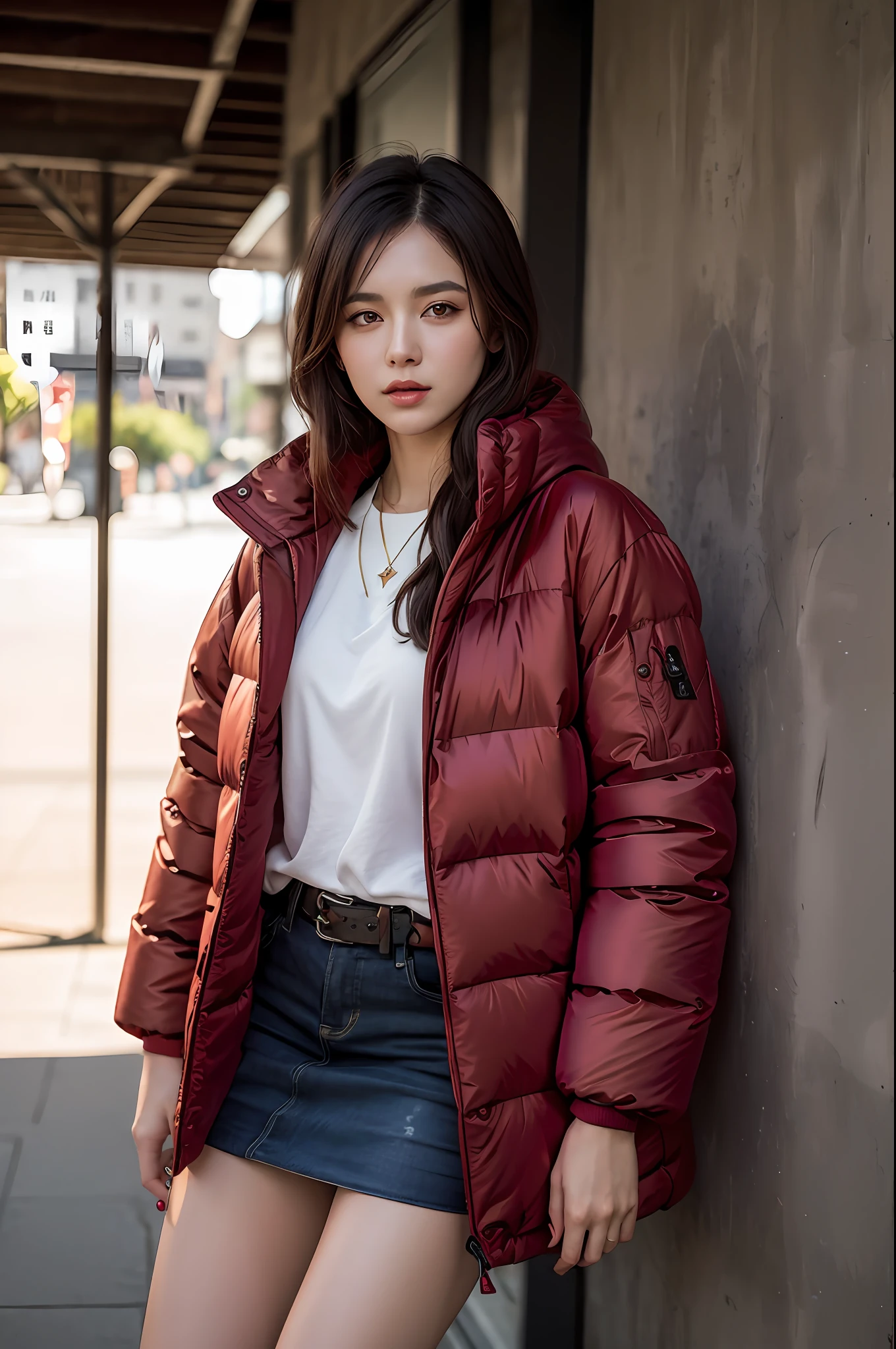 femele, (wearing red oversized_puffer_Jacket:1.3), Lie down on the grass, Overhead camera, Sharp Focus, Handsome,plump legs, skinny,Professional Lighting,city, eye line,Gold necklace,rendered eyes,Tall body,Adult Woman,Hair Ornament,instagram most viewed,official wallpaper, Official art,(Kpop Idol), Mini skirt, Half-closed eyes,building,((photorealistic painting art by midjourney and greg rutkowski)),((super model)),