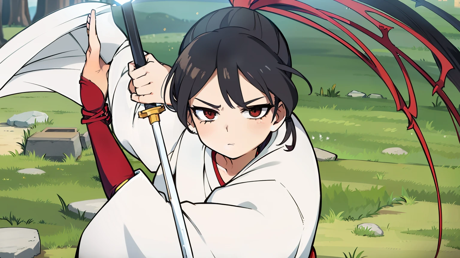 Sagiri is a young woman with long brown hair、I use a very long ribbon to make it a ponytail.. Her bangs fell across her face as bangs、Has two very long fronts that fall into her robe. She is quite tall, Because her height is 172 cm. (5 feet 8 inches), Making her one of the tallest female characters in the series. Asaemon、She wears standard clothes, This is、It is a white robe with a red lining on the collar., There is one red band on the left gusset..、Hakama fastened with a red corset (Instead of a red waistcord), Hold the sword over your left hip, Funeral bell tied to a red cloth in the center of her collar, Gauntlet on her left arm, and sandals. When you're ready to achieve your intended goals, Or get into battle, Sagiri took the time to hold down his sleeve with a plow.、Get out of the way.
After taking on the task of destroying one of the tandens in Banco, Sagiri procured shinobi equipment from the Iwagakure shinobi who fell on Jikka、Started wearing headbands, Along with adding another gauntlet and a second sword. She also、Switch to wearing shinobi shoes、Hakama is tucked into the gaiter around the lower leg.
A year later, Sagiri wears a striped robe, Hugging with a dark band, haori, and sandals. She also、There is a casa and a cane.