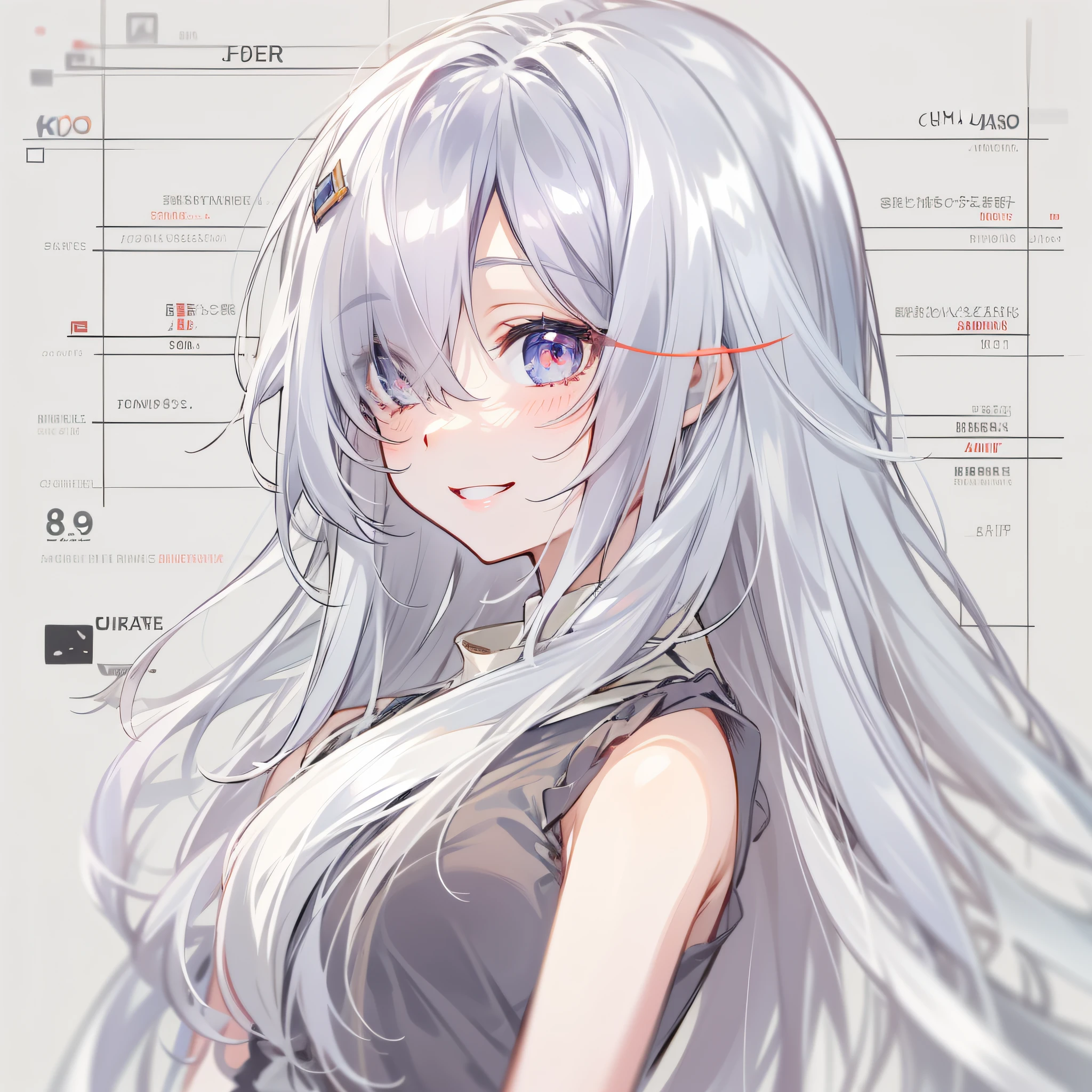 long hair, silver hair, hair over one eye, light smile, anime, anime style, bust chart, character chart, 8k, super detail, ccurate, best quality