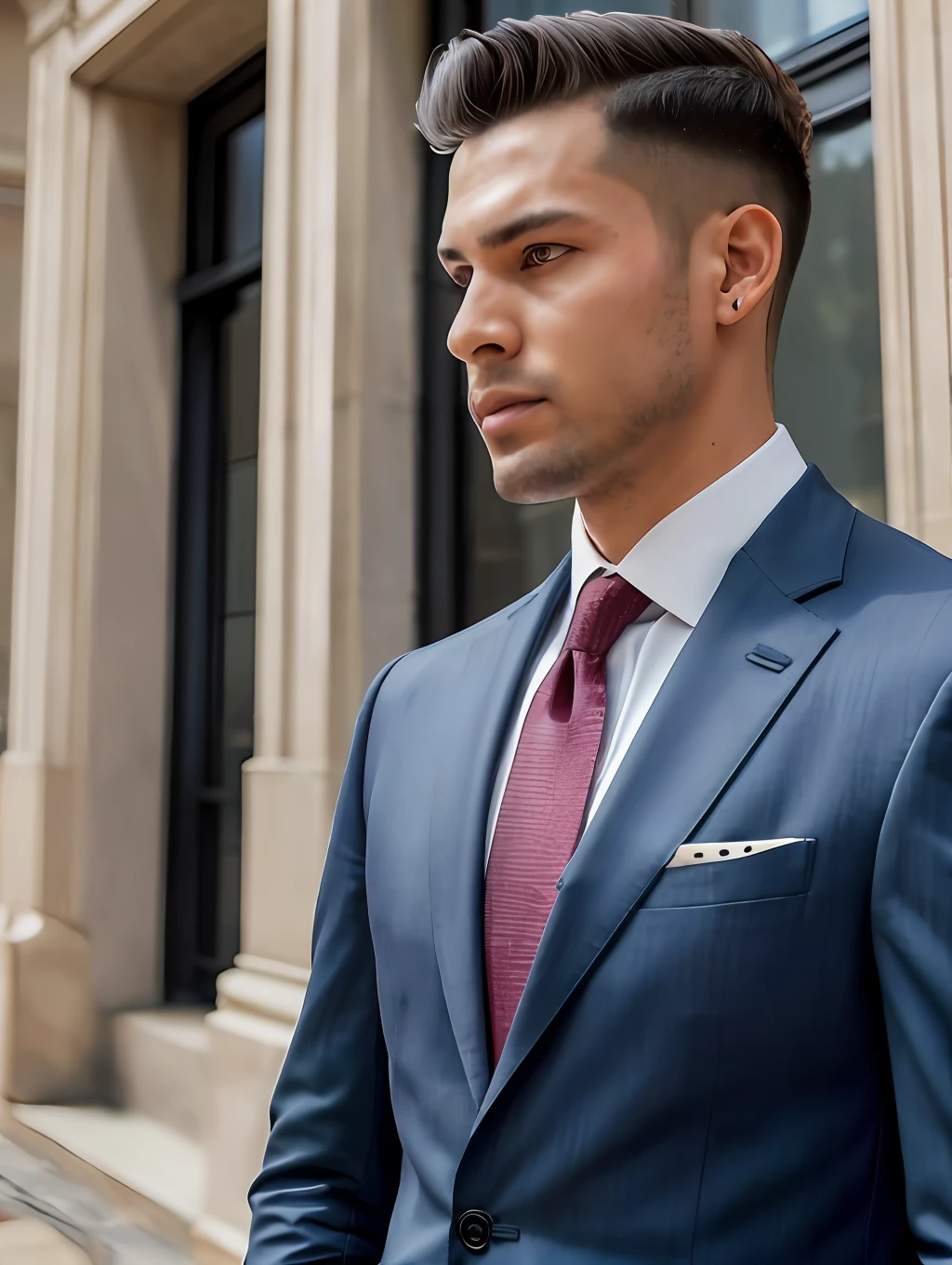((tmasterpiece)), (((high-quality photo)))Men in suit and tie, standing in front of the building, photo by James Baines,High facial detail, (A detailed eye) , (An open look) , (close - up) , Detail Skin, pores skin, Popular on Pexels, (((Trending on ArtStation))), A new objectivity, Stock Photo, (UHD), 8K resolution