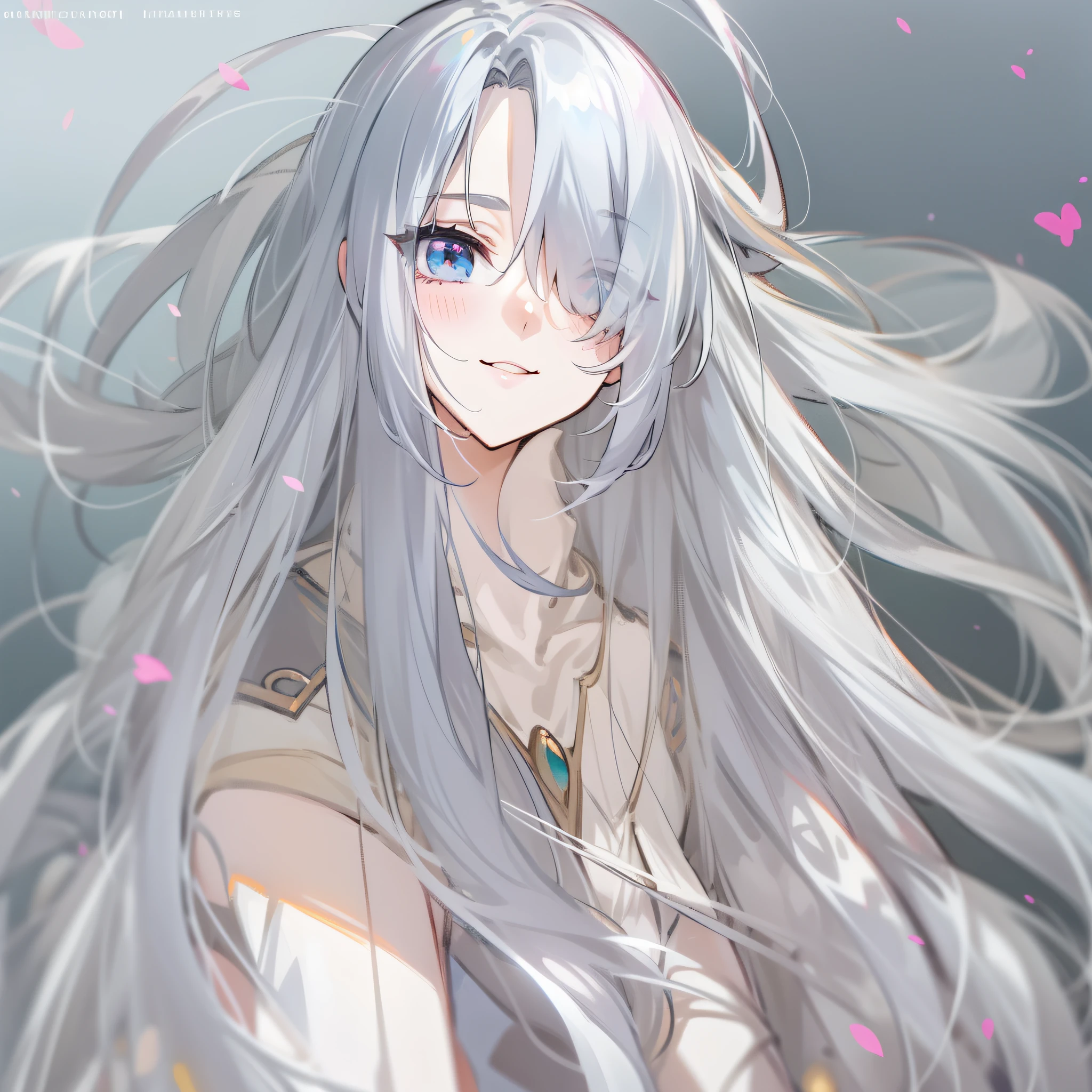 long hair, silver hair, hair over one eye, light smile, anime, anime style, bust chart, character chart, 8k, super detail, ccurate, best quality