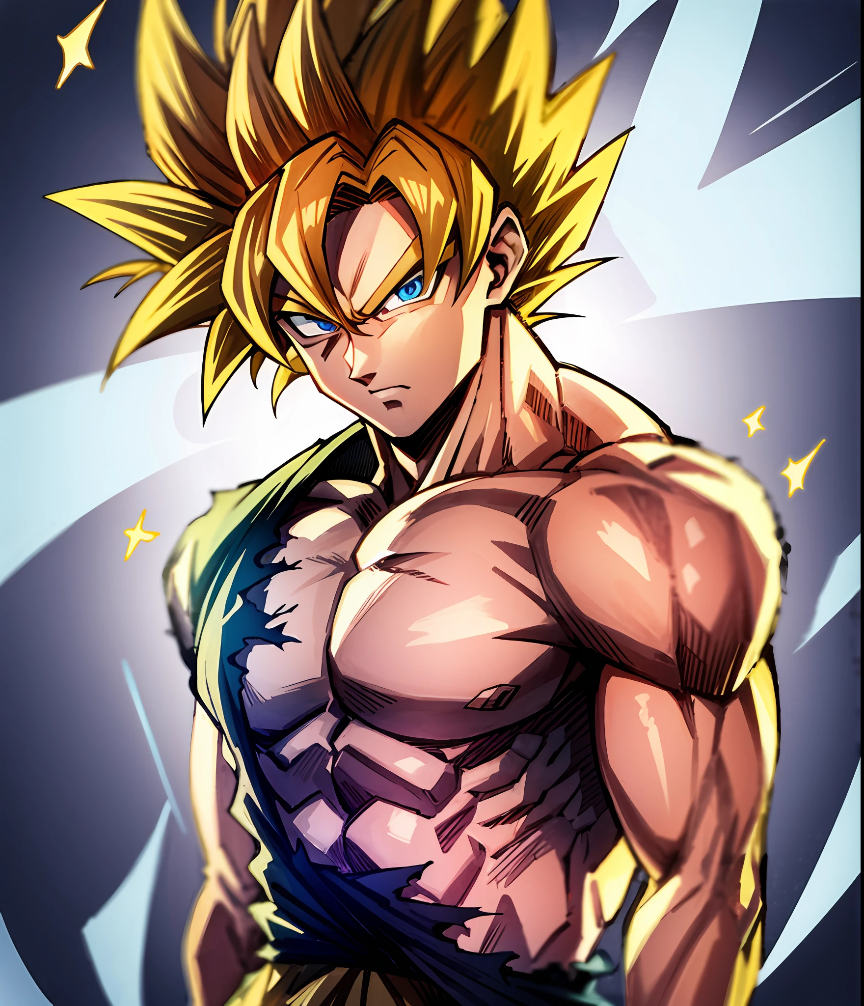 son goku, 1boy, battle damage, solo, torn clothes, looking straight, very detailed, hd, masterpiece, 8k, professional, symmetrical, (detailed eyes, eye iris:0.5), (looking at the camera:0.8) , blue eyes, yellow hair, super saiyan 2, SSj2, sparking