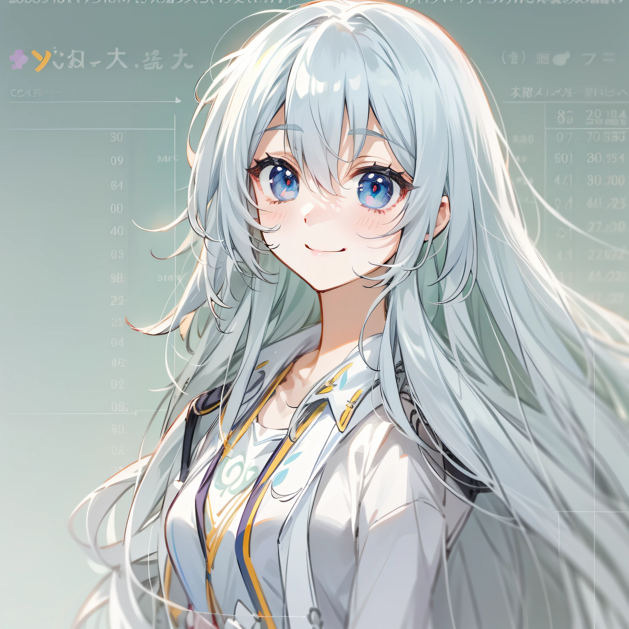 long hair, silver hair, hair over one eye, light smile, anime, anime style, bust chart, character chart, 8k, super detail, ccurate, best quality