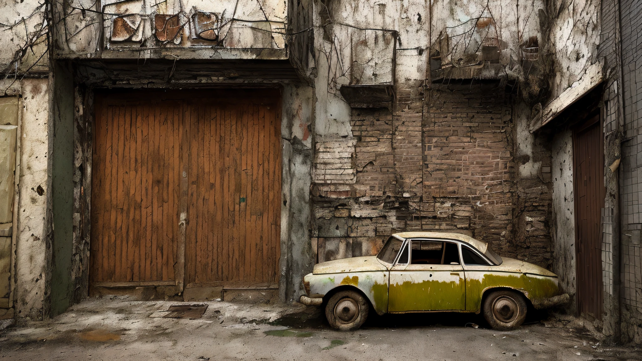 An old car is parked in a narrow alley with a building in the background, An old car, Retro car, Car Lada, 3 4 5 3 1, Abandoned old, moskvich, russian lada car, unusual composition, yellowed with age, lada, Interesting composition, Abandoned city