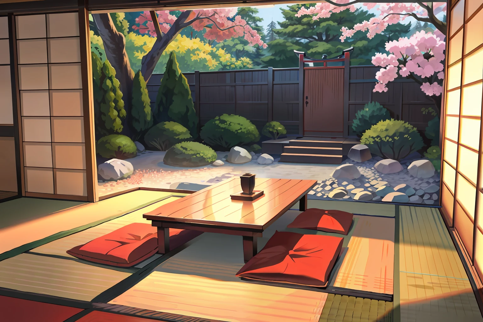 Japanese-style room with tatami mats　Background only　Outdoor gravel in the summer garden