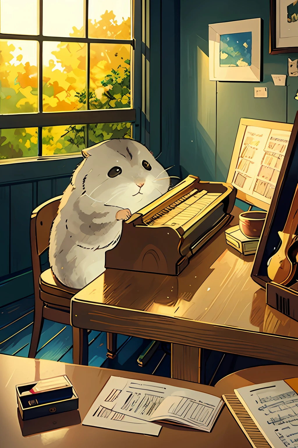 The hamster is playing the guitar,In front of the hamster is the 1 piano,, (masterpiece:1.2),best quality,masterpiece,highres,original,extremely detailed wallpaper,perfect lighting,(extremely detailed CG:1.2),drawing,paintbrush,