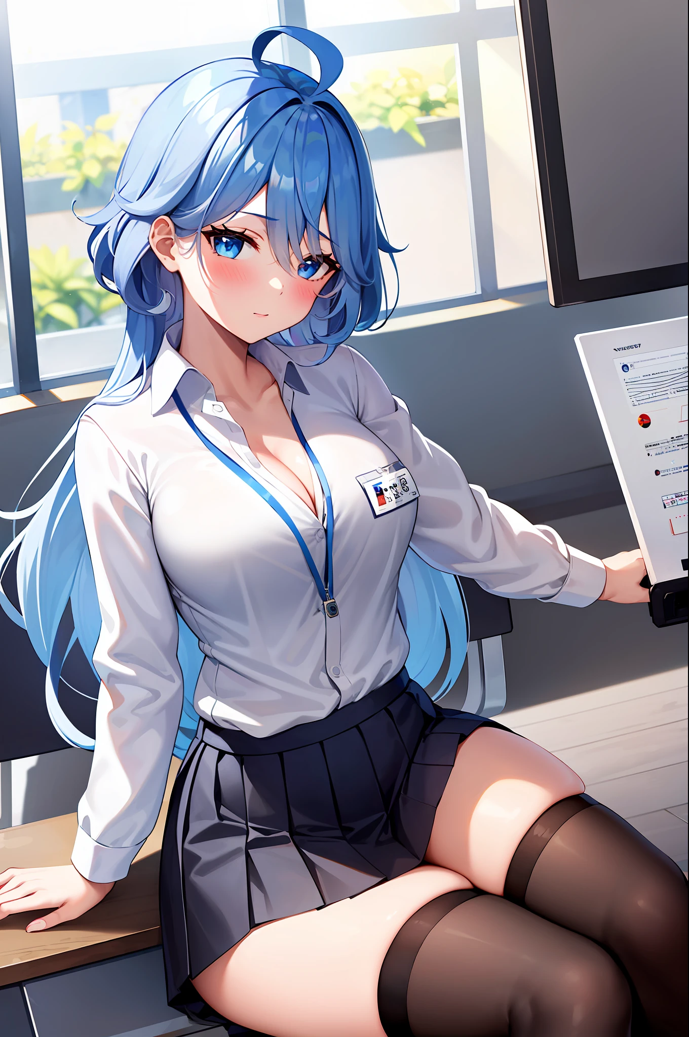 1girl, solo, ((white shirt)), black thighhighs, breasts, cleavage, uniform, office background, black skirt, pleated skirt, office,large breasts, looking at viewer, BLUE SEA HAIR, solo, thighhighs, thighs, very long hair, ((masterpiece)), sitting, chair, desk, computer on desk, name tag, id tag, indoor, blush, sexy pose,