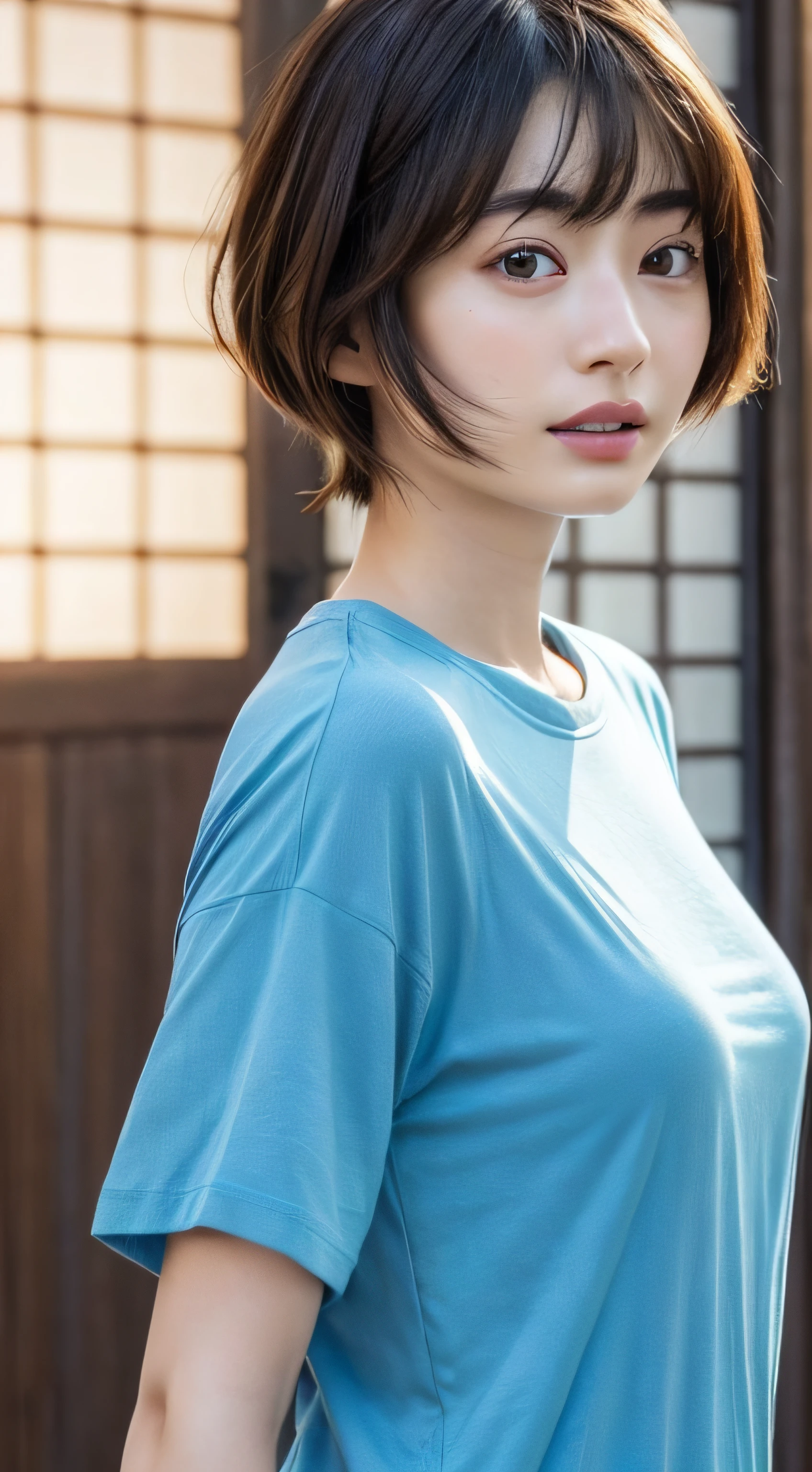 doress、(Photorealsitic:1.4)、(hyper realisitic:1.4)、(realisitic:1.3)、(Smooth lighting:1.05)、(Improved lighting quality in movies:0.9)、32K、1girl in、20 years girl、Realistic lighting、Back lighting、Facial light、raytrace、(brightened light:1.2)、(enhanced quality:1.4)、(Top quality real texture skins:1.4)、finely eye、finerly detailed face、Fine quality eye、(Tired, sleepy and satisfied:0.0)、 close up of face、tshirts、(enhance body line mood:1.1)、(Increase the beauty of skin texture:1.1)、((Suzuni Hirose))、