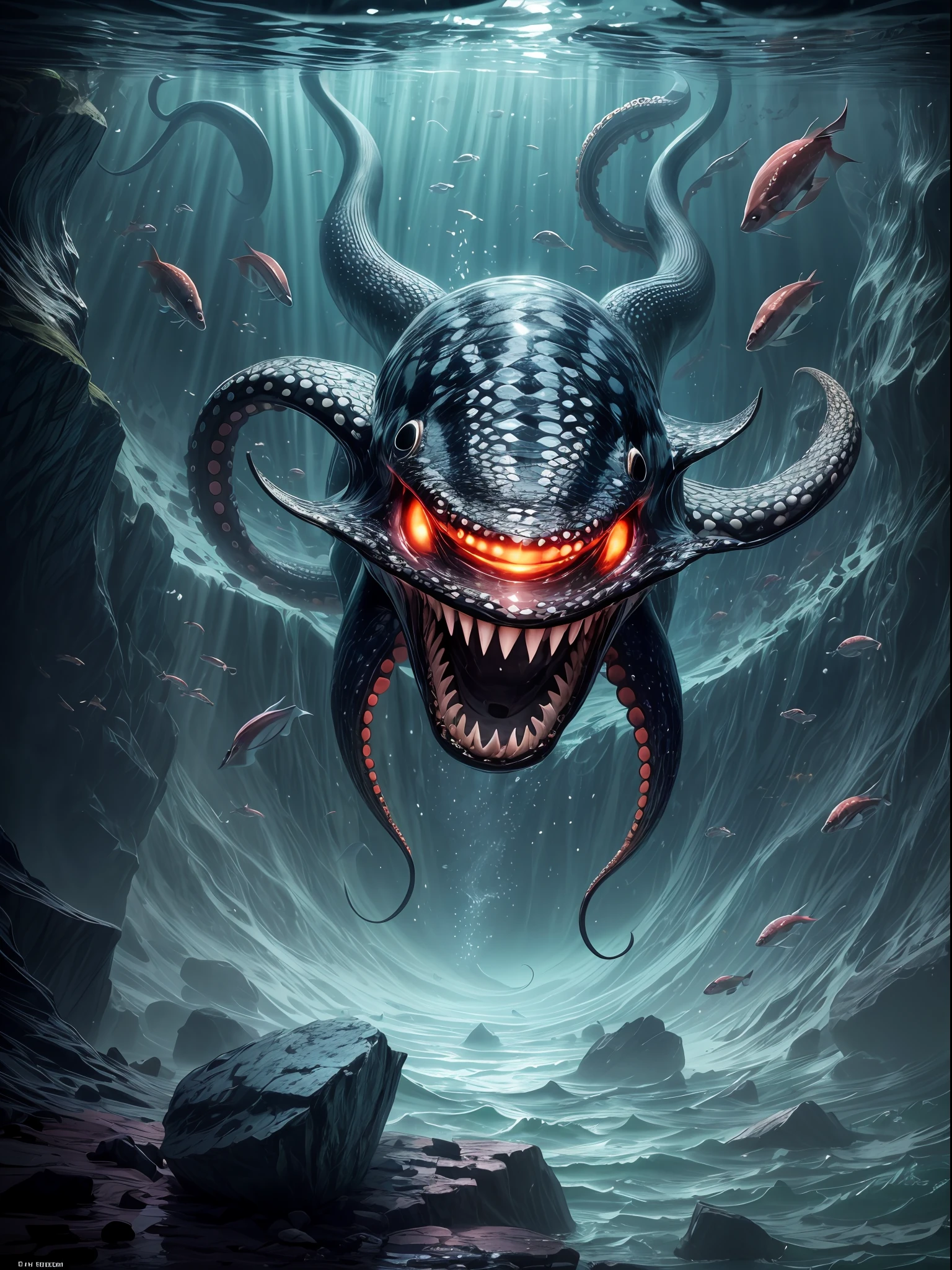 The image portrays a mysterious and enigmatic deep dark sea, where only the faintest glimmers of light are visible,In the foreground of the image, you see a group of lantern fishes, their small but luminous bodies glowing like tiny lanterns in the darkness. They seem to be floating aimlessly, as if lost in the vast expanse of the deep sea. Slithering amidst them is an eel, its long and sinewy body twisting and turning like a snake BREAK Its eyes gleam with an eerie light, and its mouth is open, displaying its sharp teeth. In the distance, you see an octopus, its tentacles reaching out like ghostly apparitions. The octopus seems to be hovering over a rocky outcropping, its eyes trained on its prey, ready to strike at any moment BREAK The darkness of the sea seems to amplify the movement and the wildness of the creatures, adding to the sense of otherworldliness and mystique. The overall effect is one of a deep, dark, and forbidding world, full of strange and otherworldly creatures that seem to exist in a world beyond our understanding.