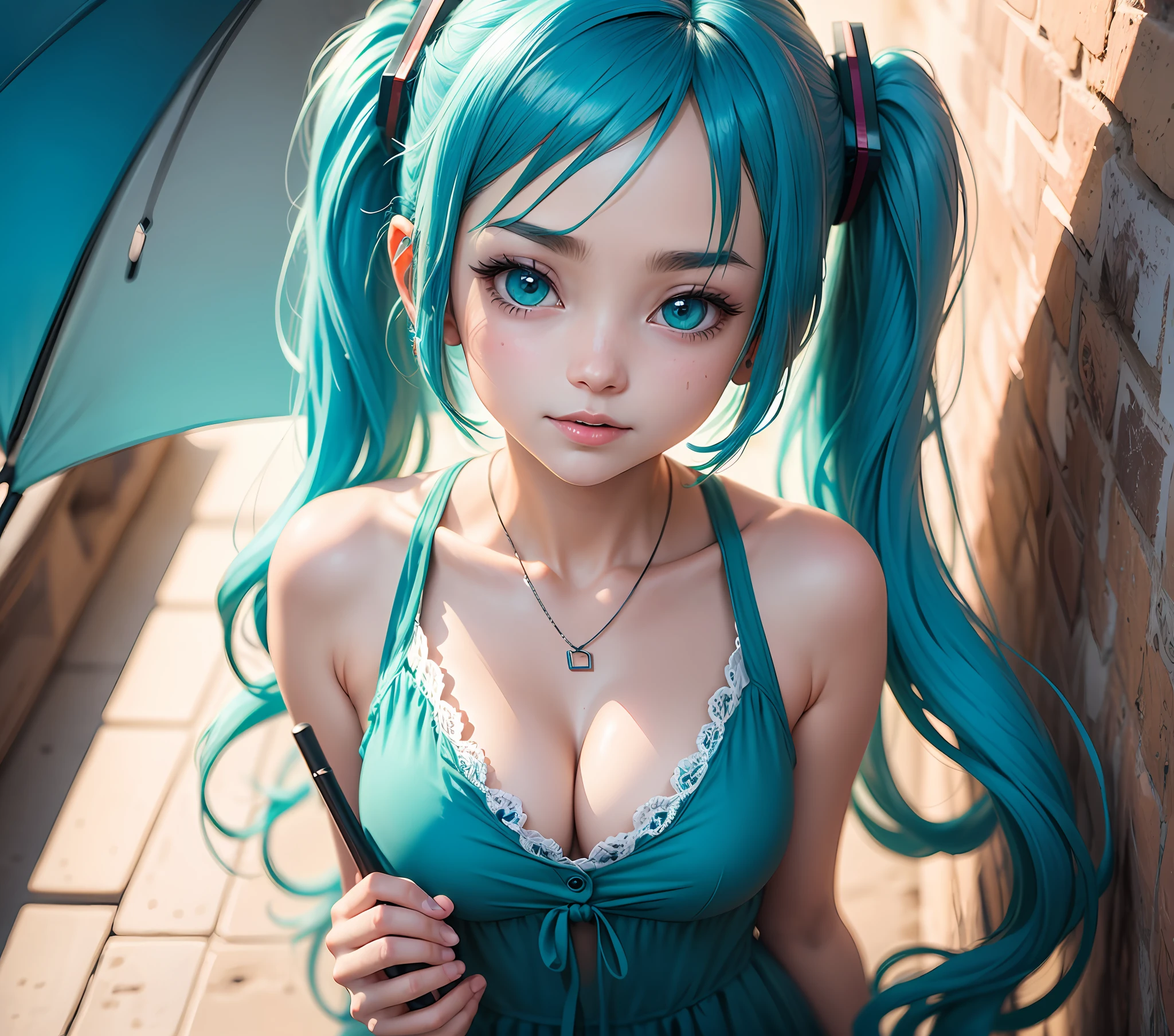Blue-haired anime girl holding green umbrella in front of wall, hatsune miku face, Portrait of Hatsune Miku, hatsune miku portrait, mikudayo, Hatsune Miku, Os amigos, vocaloid, Hatsune Miku short hair, Anime girl with teal hair, closeup cleavage!!, close up of a young anime girl, water color nendoroid, Also --auto