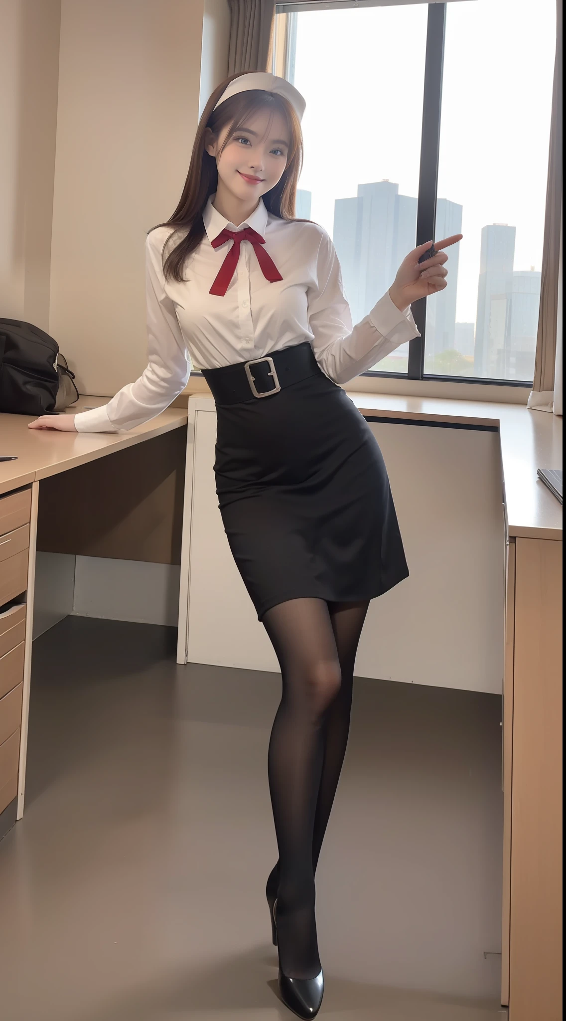（true to life，Photorealistic 1.5）,((best qualtiy, 8K, tmasterpiece:1.3)), (二重まぶた，largeeyes:1.3),（smile1.5），（Full body photo 1.5）（One person 1.5）Clear focus 1.2, Perfect body beauty:1.4 , Delicate skin1.1，（Long brown hair 1.5），（Delicate facial features1.4），（Pure desire 1.3）(Black high socks 1.5)（The leg length is one meter two，1.5），flightattendantuniform，Slender legs，high-heels，Stand in the office