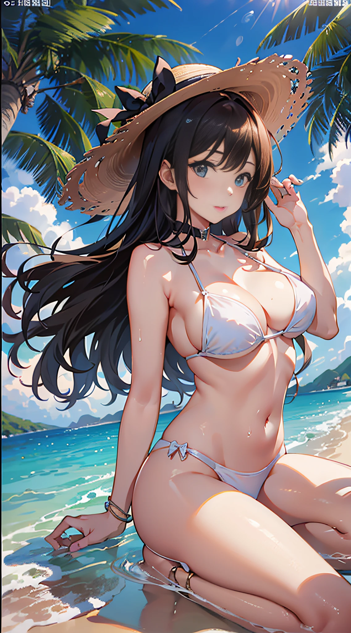 (8K、Raw photography、top-quality、masterpiece:1.2)、Illustration Touch、ultra-detailliert、超A high resolution、1 fair-skinned girl、dark brown hair、azure eyes、White sandy beach、((bare-legged))、lensflare、a white bikini、a straw fedora hat