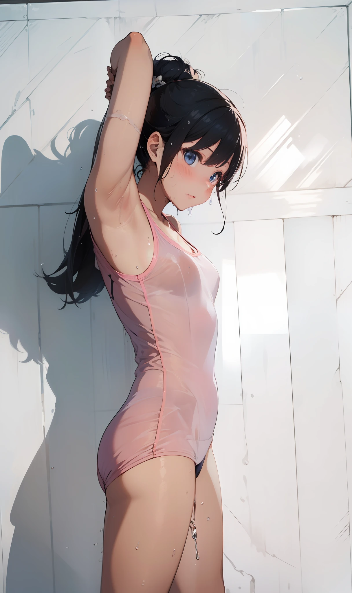 ((top-quality))、((masterpiece))、1girl in、Formal-up、beautiful detailed eyes and face、pretty skin、a very cute、22year old、School swim wear(darkblue、Simple design、Matte texture、Wrinkle、Polyester material、A black、shadings、)Wet body、Anime Face、Beautie、Facing the front、big eye(Beautiful fece、Anime Face、Clear eyes、Fine details、Beautiful eyes)Well-formed face(Beautiful nasal muscles、Perplexed、sharp mouth)full of sweat、sodden、Wet feeling、Background with(sunny sky、takeout)、8K picture quality、perfectly proportions、A slender、red blush、female focus on, hair adornments,length hair, Look at viewers,