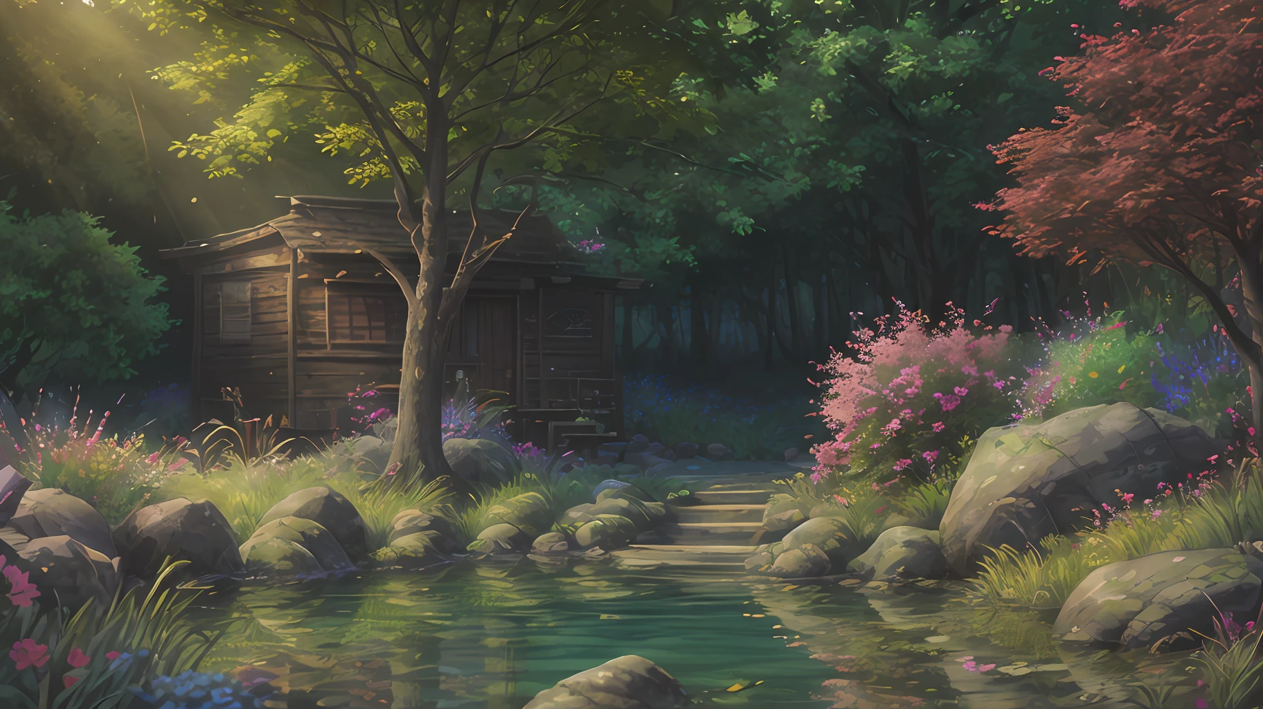 Masterpiece, best quality, (very detailed CG unified 8k wallpaper), (best quality), (best illustration), (best shadow), glowing elf with a glowing deer, drinking water in the pool, natural elements in forest theme. Mysterious forest, beautiful forest, nature, surrounded by flowers, delicate leaves and branches surrounded by fireflies (natural elements), (jungle theme), (leaves), (branches), (fireflies), (particle effects) etc. 3D, Octane rendering, ray tracing, super detailed , animals (centered) --v6