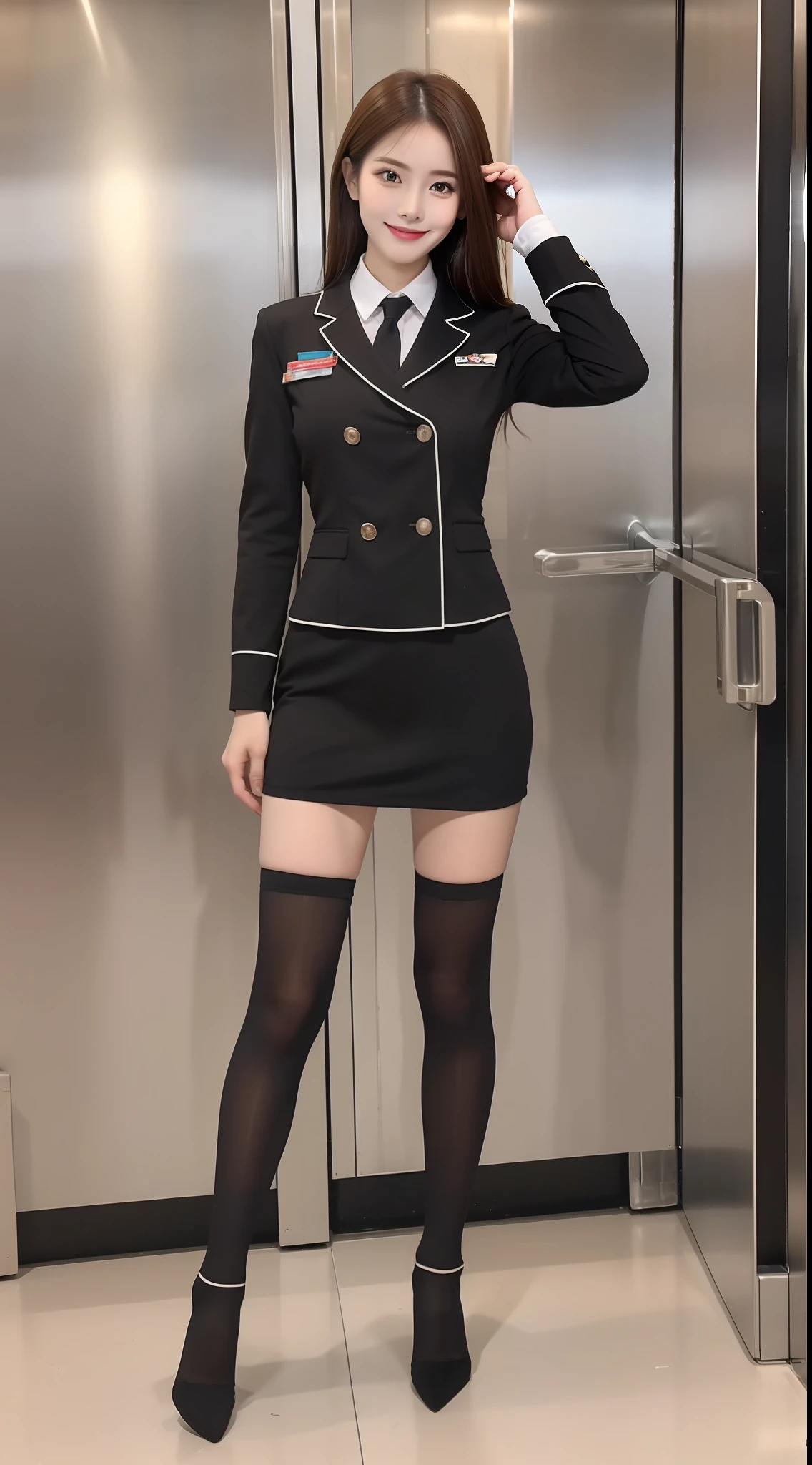 （true to life，Photorealistic 1.5）,((best qualtiy, 8K, tmasterpiece:1.3)), (二重まぶた，largeeyes:1.3),（smile1.5），（Full body photo 1.5）（One person 1.5）Clear focus 1.2, Perfect body beauty:1.4 , Delicate skin1.1，（Long brown hair 1.5），（Delicate facial features1.4），（Pure desire 1.3）(Black high socks 1.5)（The leg length is one meter two，1.5），flightattendantuniform，Slender legs，high-heels，Stand in the elevator