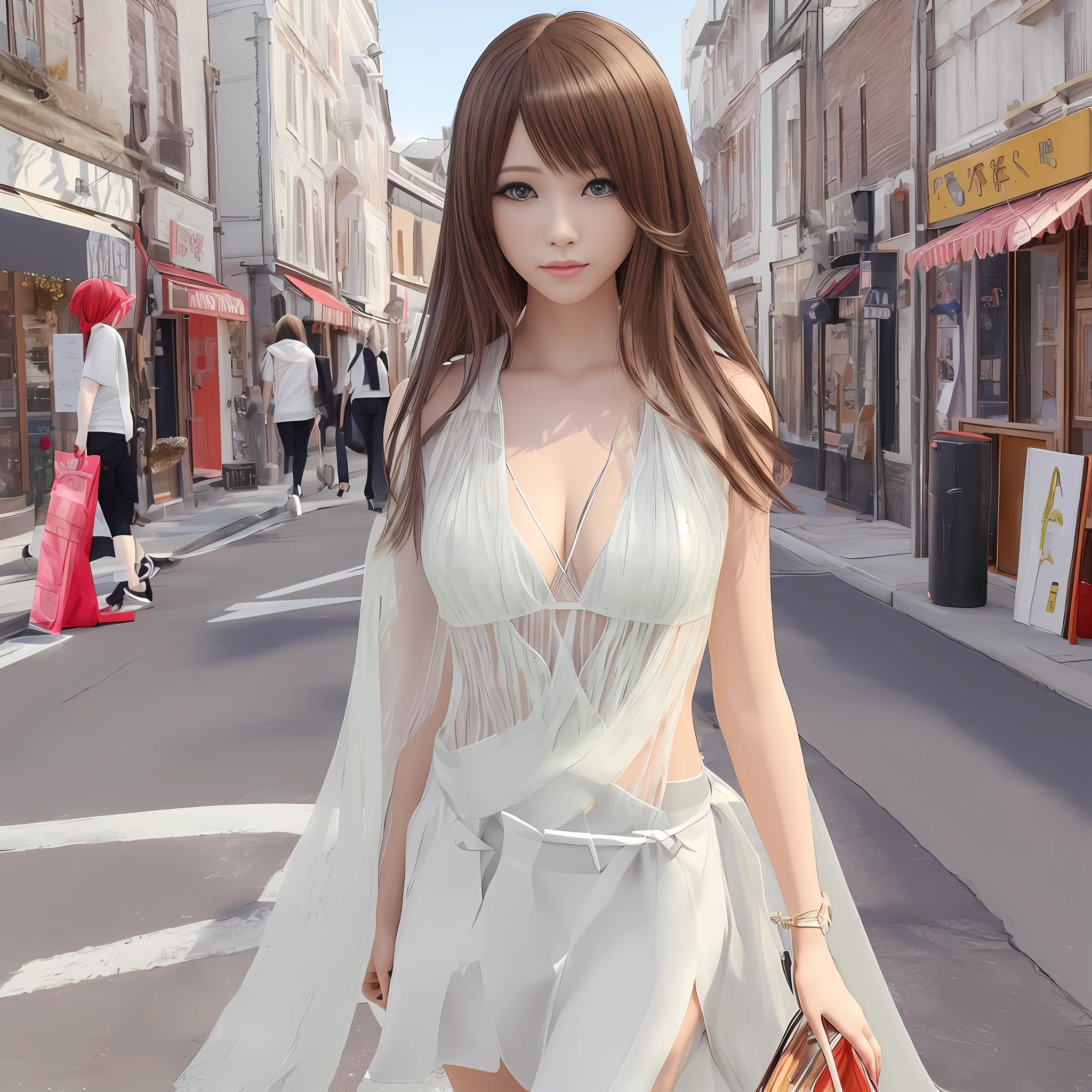 Furry woman walking down the street with purse, 3 d anime realistic, Anime girl cosplay, Photorealistic anime, hyper realistic anime, Attractive cat girl, trending on cgstation, Realistic anime, anime styled 3d, beautiful anime catgirl, , anime catgirl,The chest is transparent,in a bikini