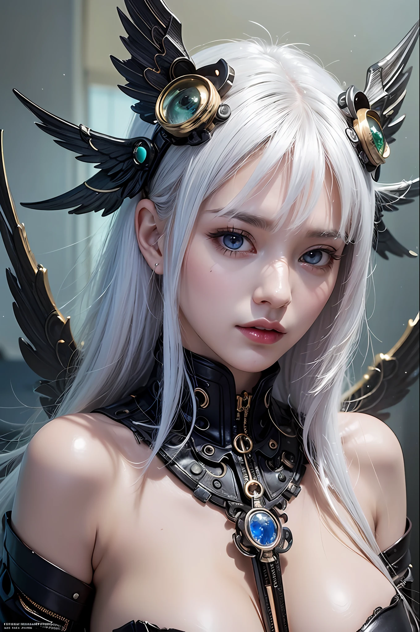 top-quality、​masterpiece、超A high resolution、(Photorealsitic:1.4)、Raw photo、Mechanical Angel、large wings made of metal、White porcelain body、white  hair、glowy skin、1 Mechanical Girl、((super realistic details))、portlate、globalillumination、Shadow、octan render、8K、ultrasharp、character edge light,Colossal tits、Raw skin is exposed in cleavage、Details of complex ornaments、Hydraulic cylinder、highly intricate detail、Realistic light、a purple eye、radiant eyes、Facing the camera、neon details、cowboy  shot、Futuristic headgear、Steampunk details、Small LED lamp、