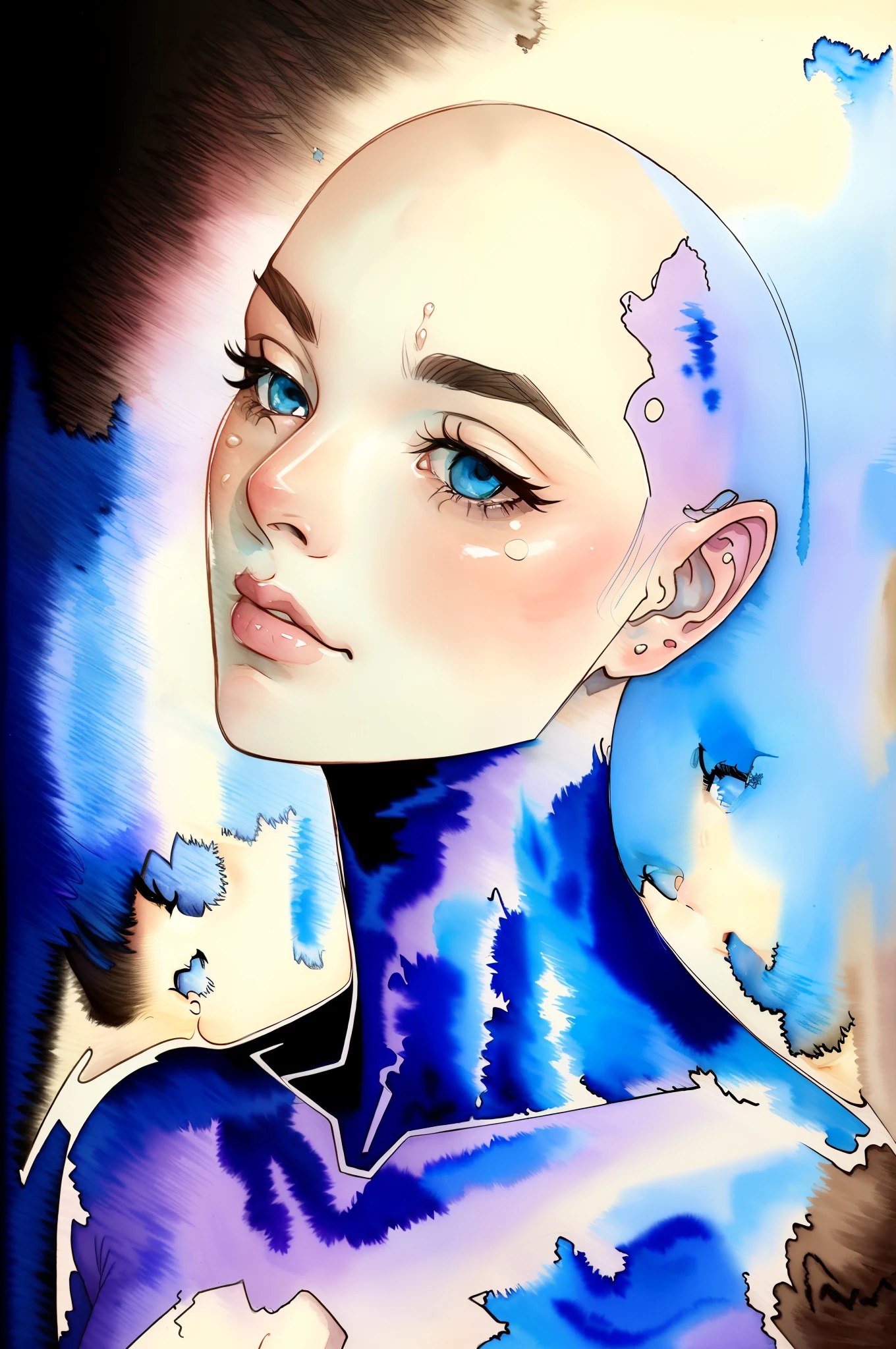 Danny Shinaya Lo, Sketch of a woman, nebula, Nebula, daughter of Thanos, Bald woman dissolves into space, cry, pain, body complet, frostbitten skin, colored skin, blue colored skin, Small pieces, Dust, watercolour, a color, Mysterious swirling shapes, Art