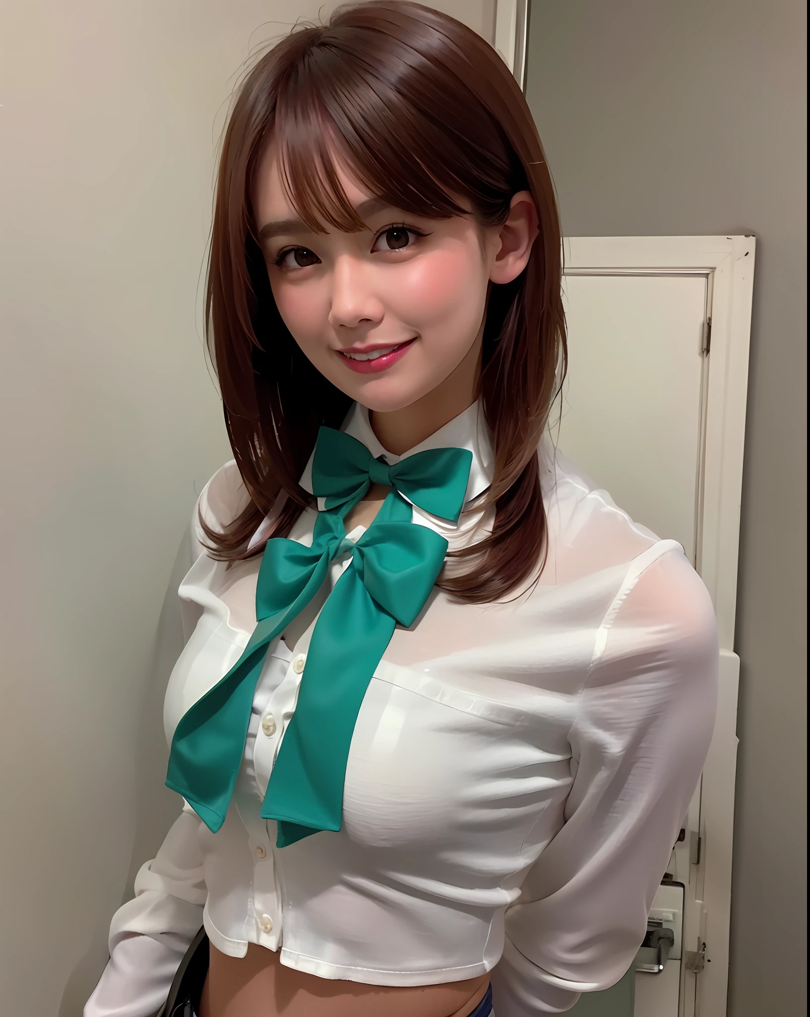 best quality, photorealistic, 8k, high res, 1girl, woman, (skindentation), (professional lighting), (portrait:0.6), (bowtie:1.5), gorgeous, (medium hair:1), eyes looking at viewer:0.31, ((looking at viewer:1.5)), (looking at the camera), photorealistic, (bokeh), (portait:0.6), (dynamic pose:1.2), from above, sfw, parted lips:2, teeth, smile:1.6,