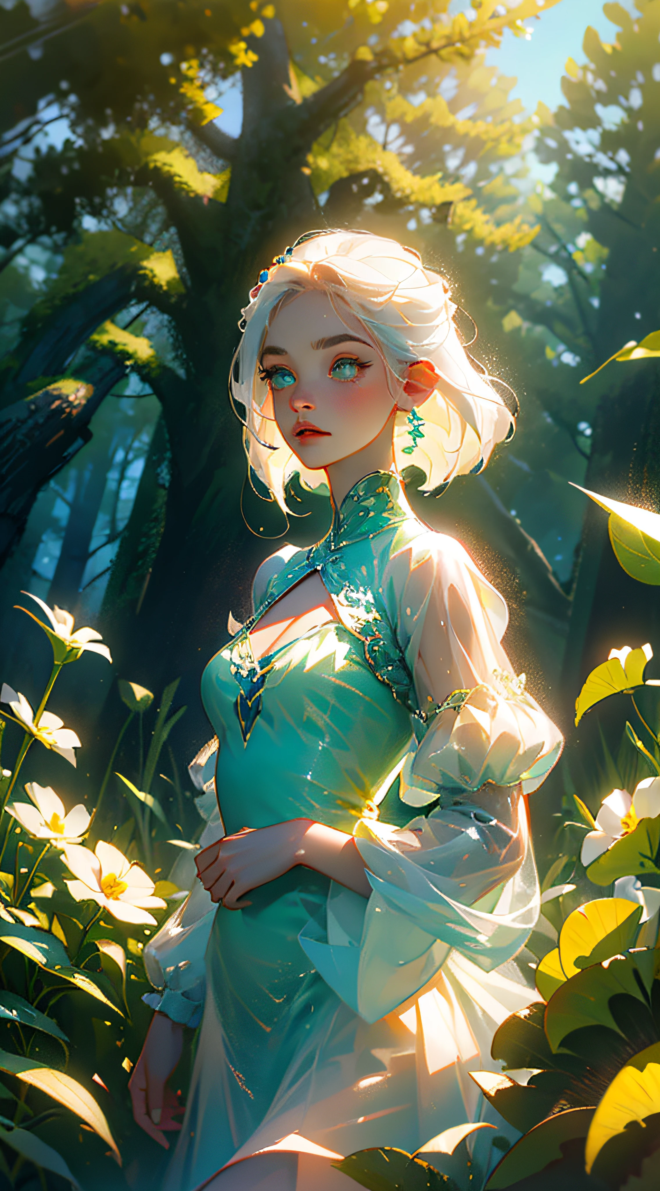 (((masterpiece))), (((best quality))), ((ultra-detailed)), (illustration), ((an extremely delicate and beautiful)),dynamic angle,floating, (beautiful detailed eyes), (detailed light) (1girl), loli, small_breasts, floating_hair, glowing eyes, pointy_ears, white hair, green eyes,halter dress, feather, leaves, nature, (sunlight), river, (forest),(painting),(sketch),(bloom) --auto