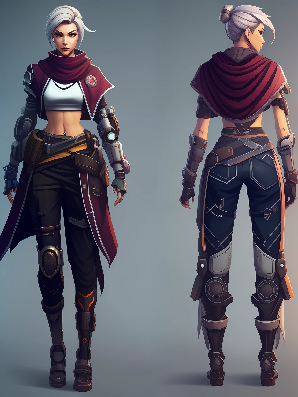 3A game character design,Game three-view design,2D concept art,Realistic female character design,Stylized game character design,Slightly exaggerated human body,Overwatch,Modern clothing combined with ancient clothing,cyber punk perssonage,Wasteland Punk,The art of body modification,crop tops,Loose shawl,Robotic arm,Mechanical feet,Full body photo