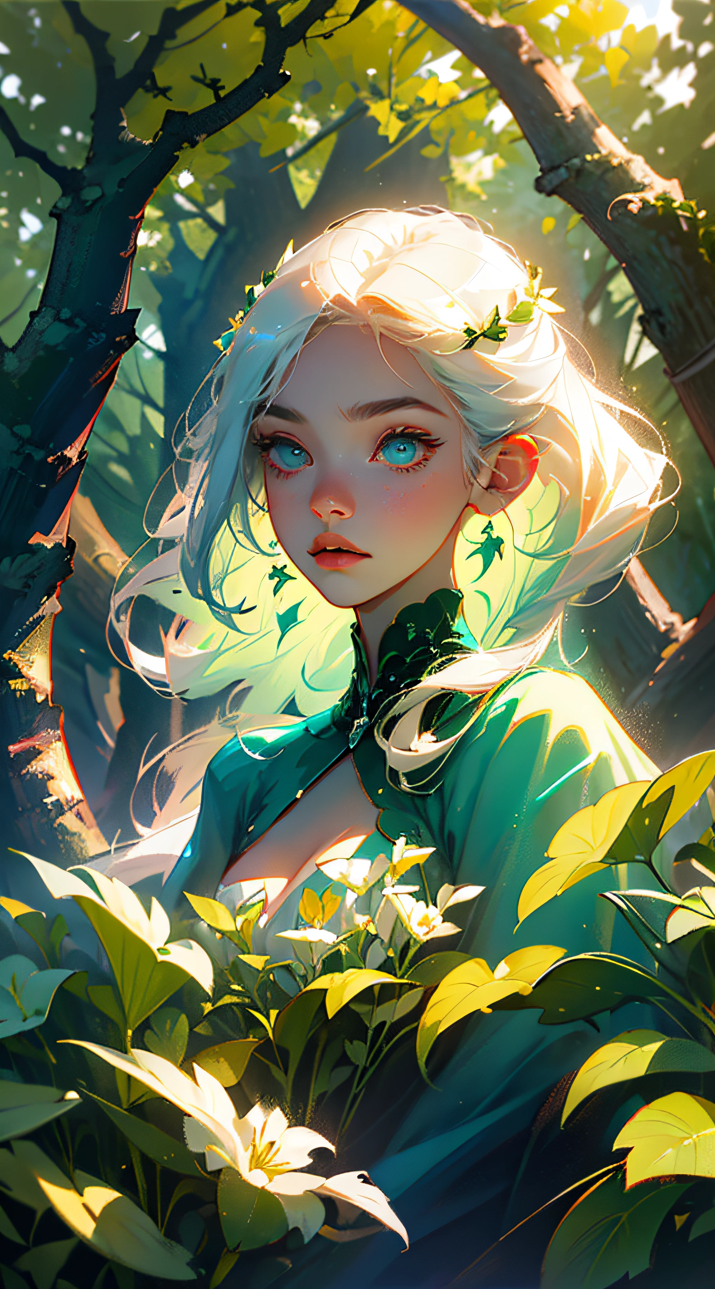(((masterpiece))), (((best quality))), ((ultra-detailed)), (illustration), ((an extremely delicate and beautiful)),dynamic angle,floating, (beautiful detailed eyes), (detailed light) (1girl), loli, small_breasts, floating_hair, glowing eyes, pointy_ears, white hair, green eyes,halter dress, feather, leaves, nature, (sunlight), river, (forest),(painting),(sketch),(bloom) --auto