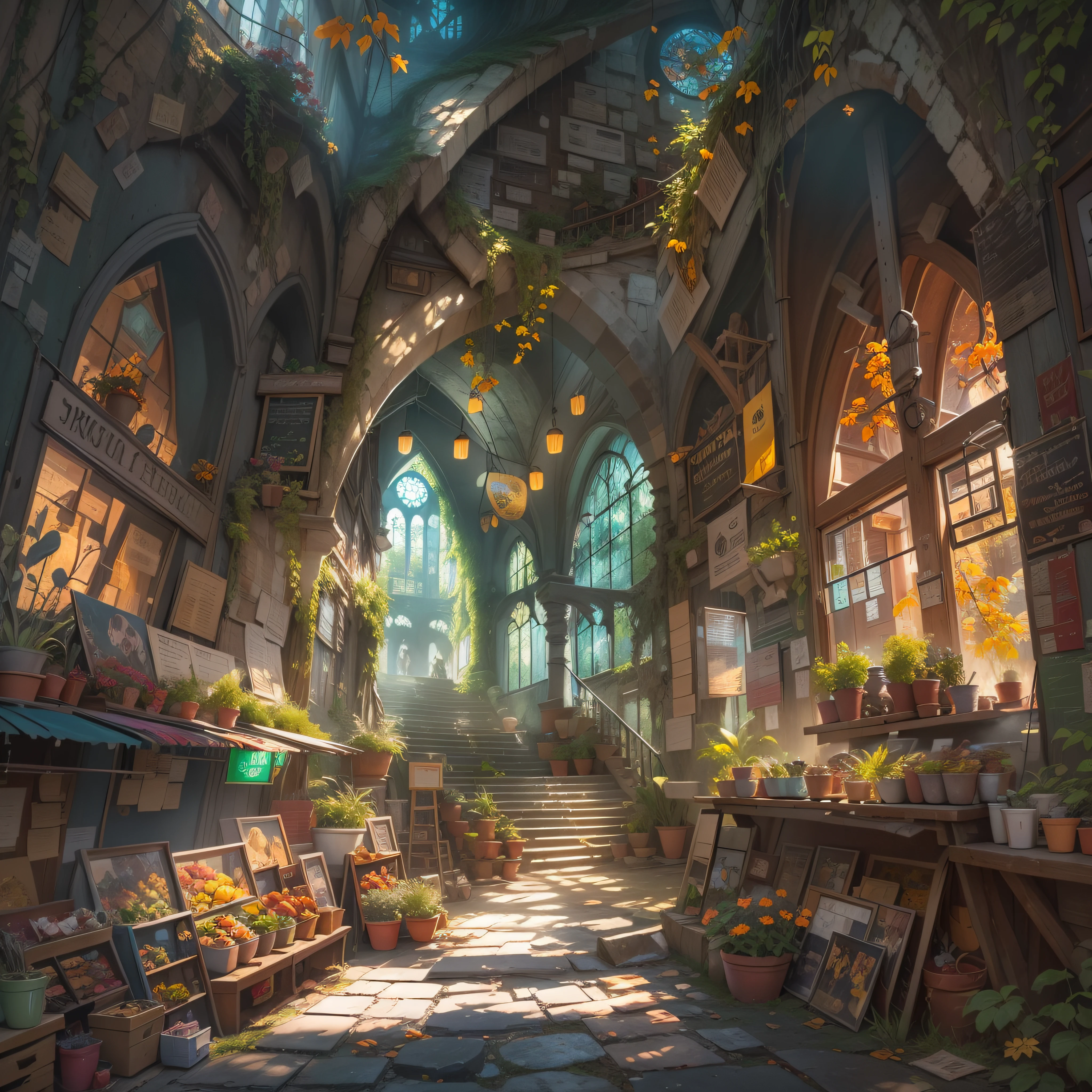 the inside of a street market ::3 light streaming through colorful broken stained-glass windows, fallen marble overgrown plants, rotted astronomy chart, maple tree growing through cracks, solarpunk, hyperdetailed, volumetric lighting, graceful Balinese architecture, arches and curves, levels, symmetry and peace, magical fantasy, surreal, chiaroscuro, banded sunlight, street art style, RWBY anime style, unity