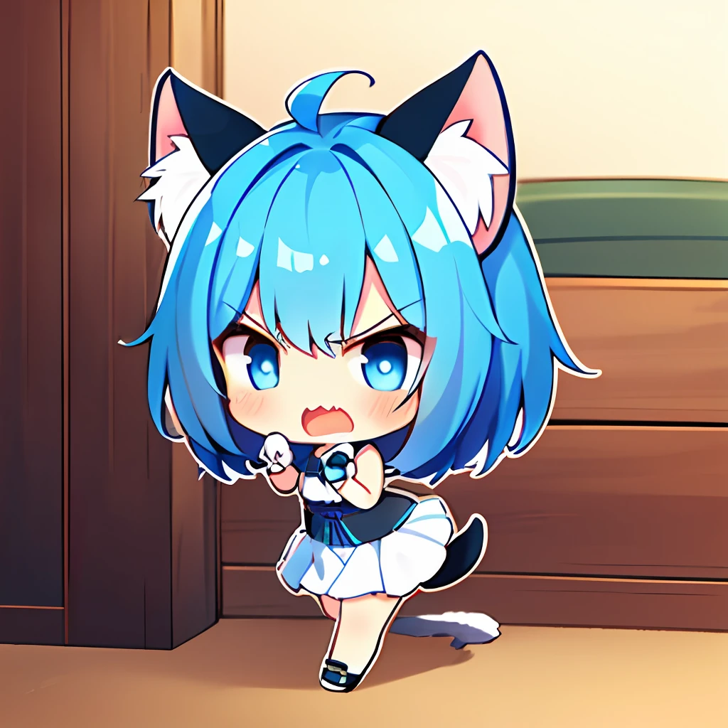 1girl in,Cat's ears,(Chibi:1.2),get angry,Blue hair,full body Esbian