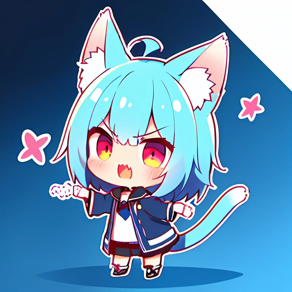 1girl in,Cat's ears,(Chibi:1.2),get angry,Blue hair,full body Esbian