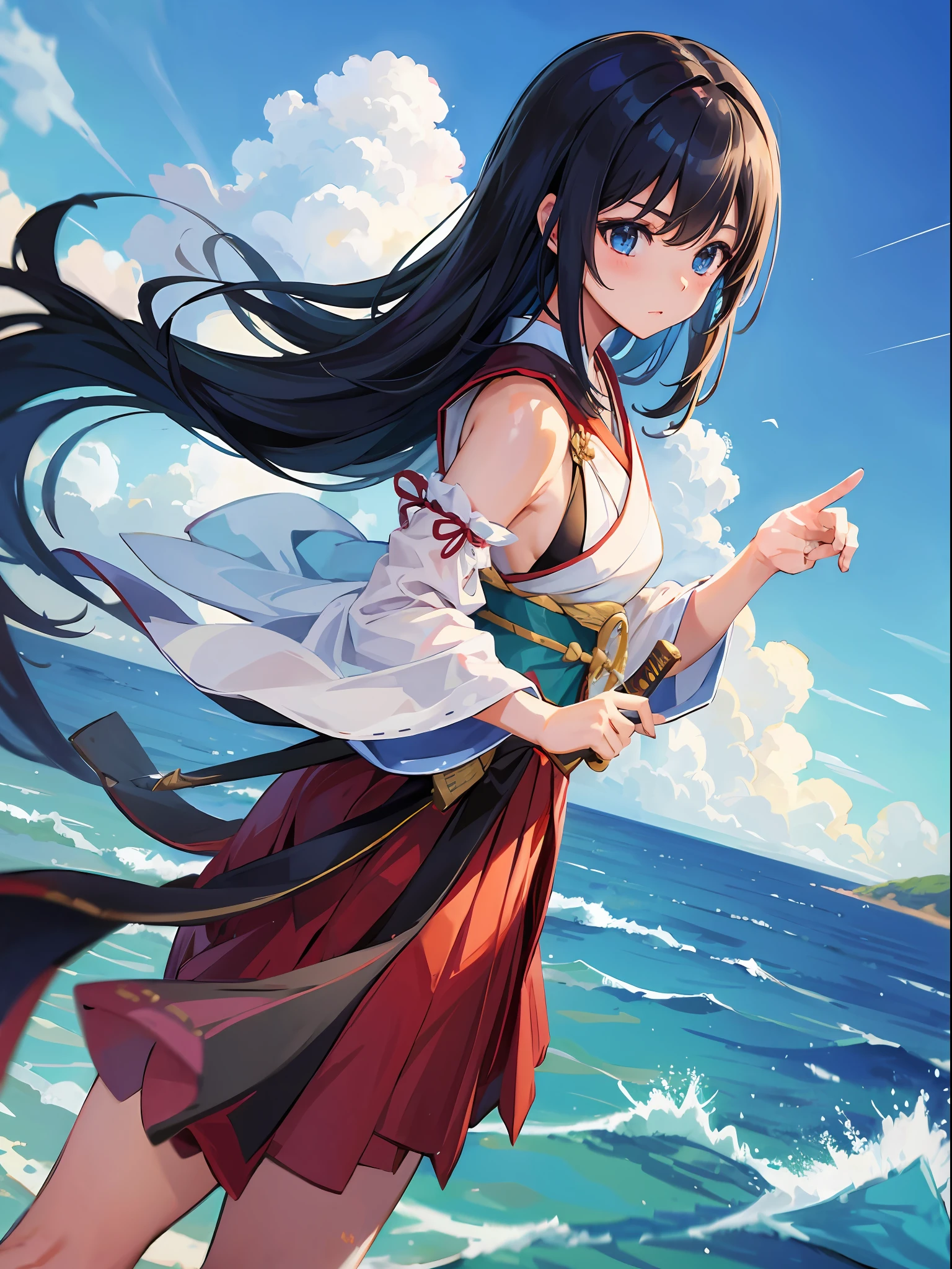 Swordsmanship、girl with、Japanese dress、城市、Mare、blue-sky、​​clouds
