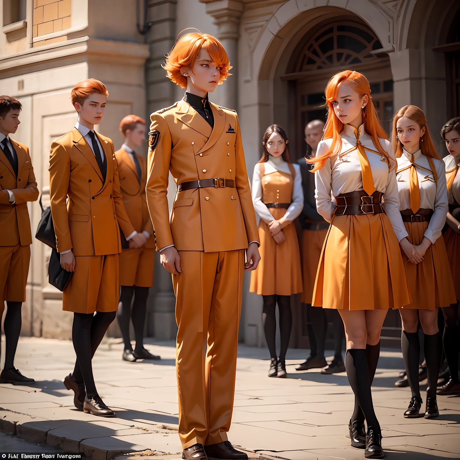 A group of 15-year-olds in training trained in ilera have orange hair and orange eyes and wear elegant gold etiquette suits.
